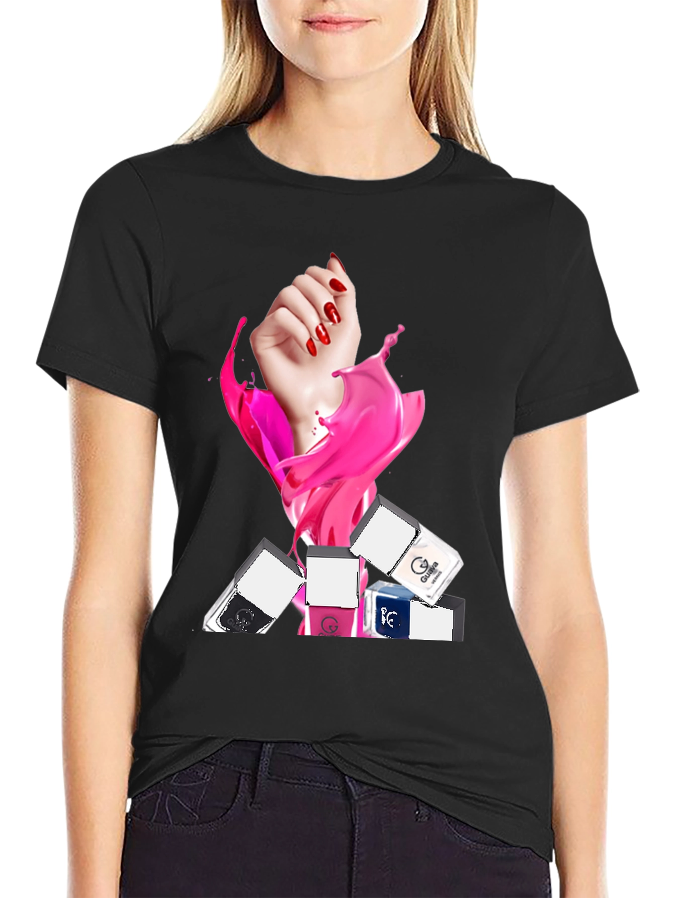 Stylish Black T-Shirt with Nail Polish Design