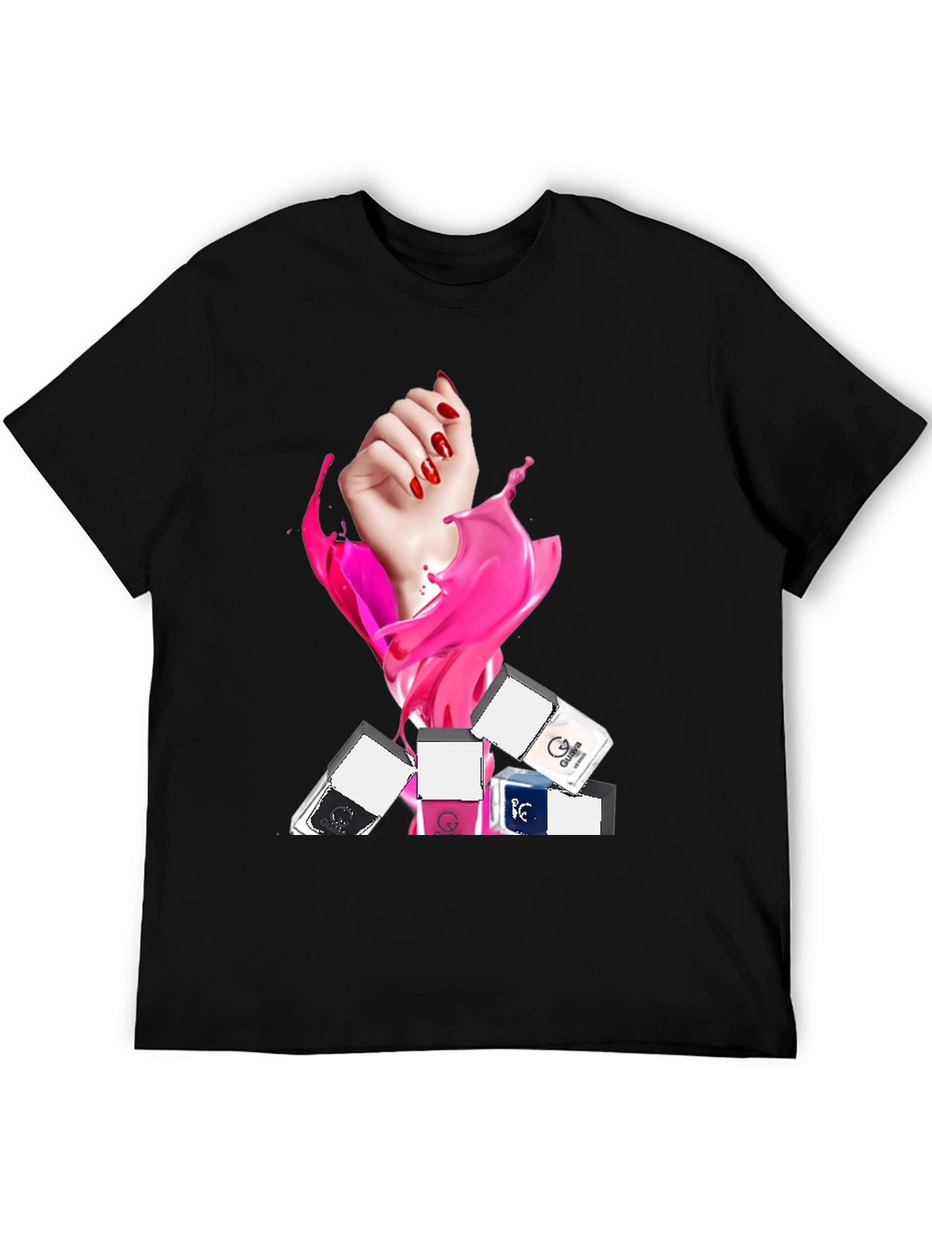 Stylish Black T-Shirt with Nail Polish Design