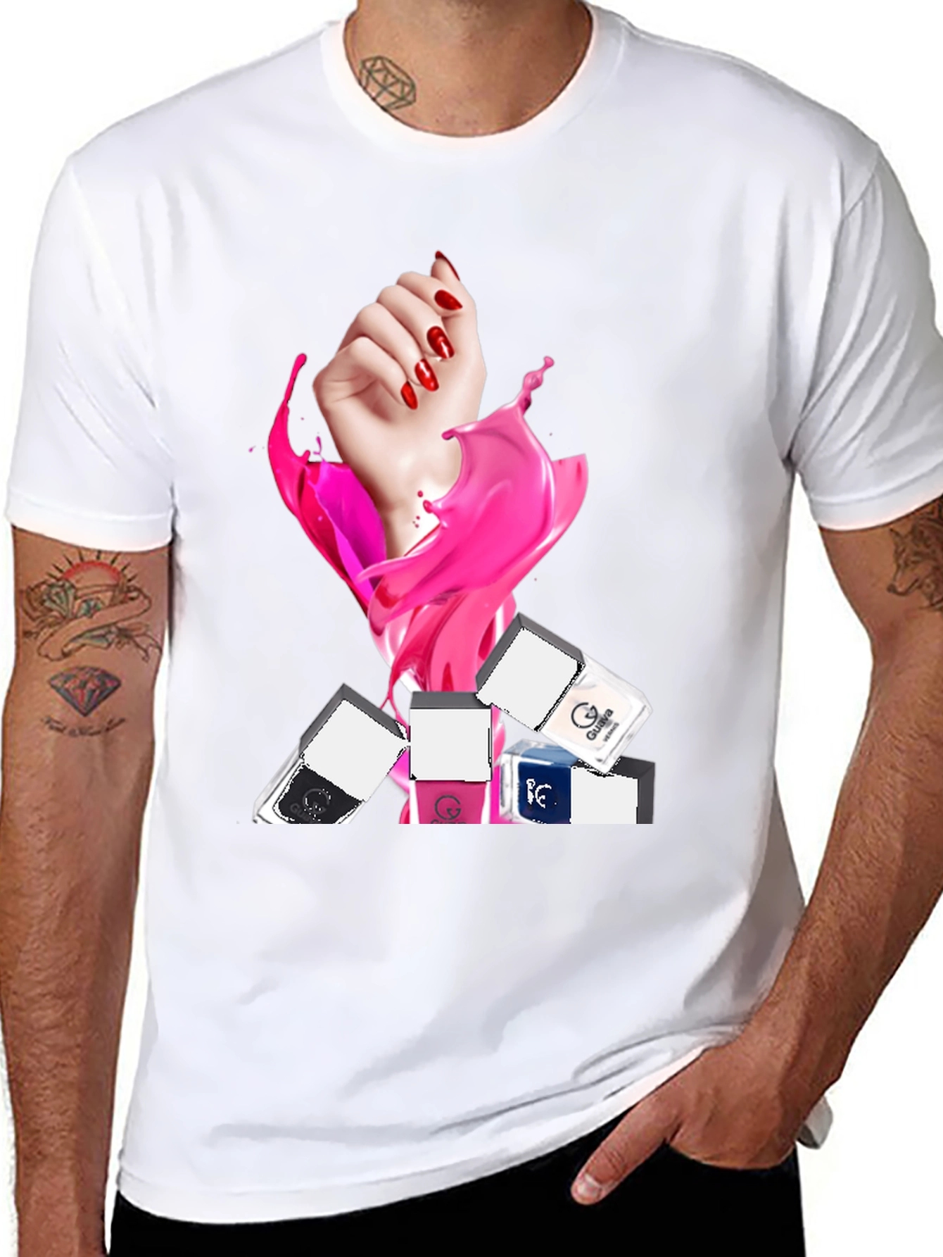 Stylish Black T-Shirt with Nail Polish Design