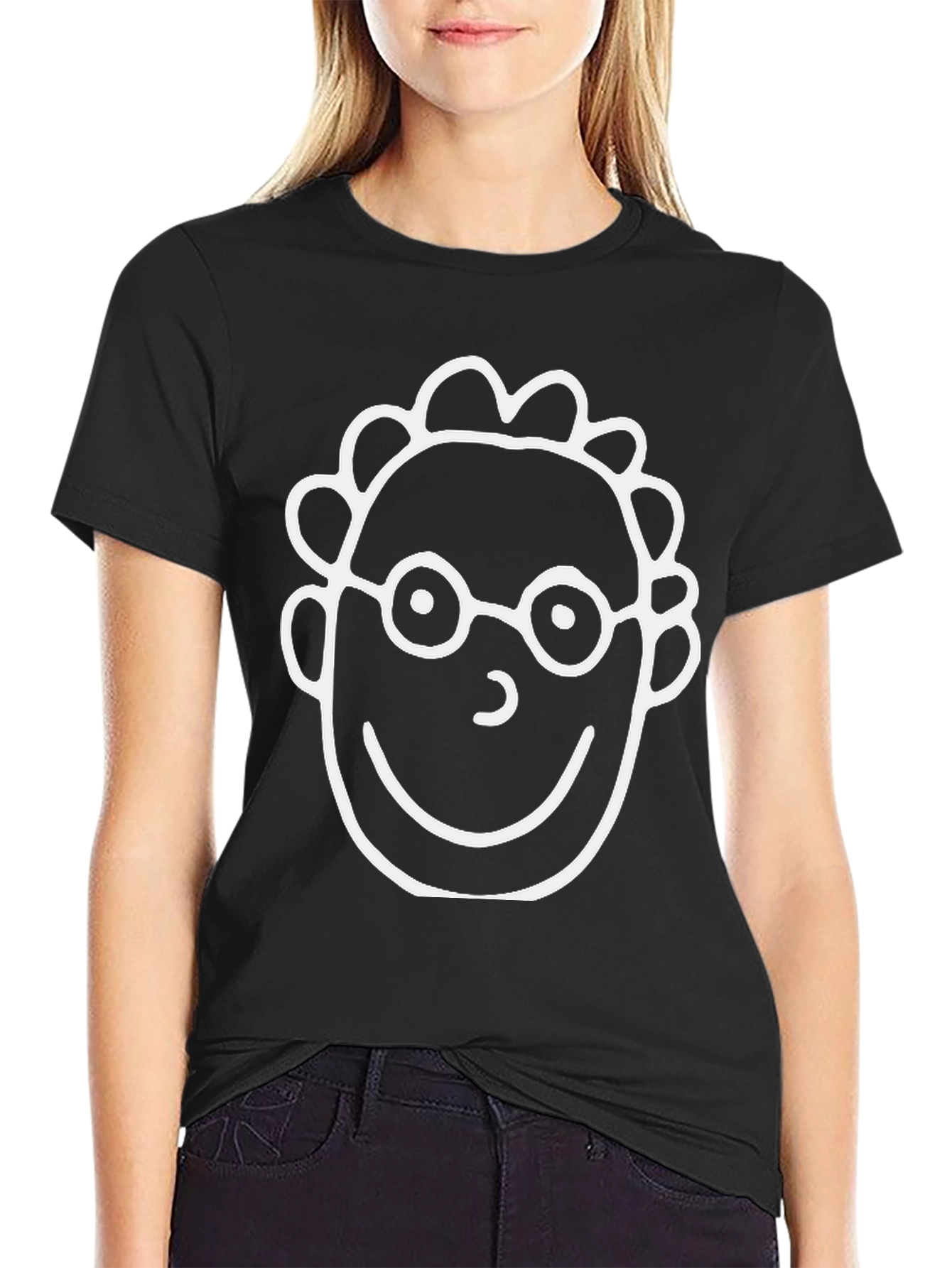 Cartoon Face T-Shirt - Black Crew Neck Tee