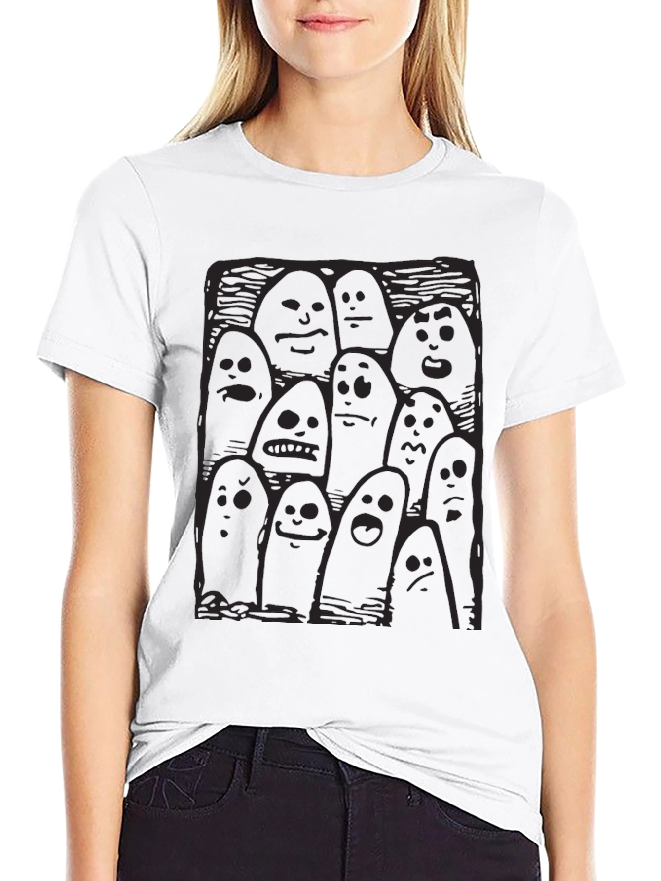 Whimsical Ghost Print Black T-Shirt