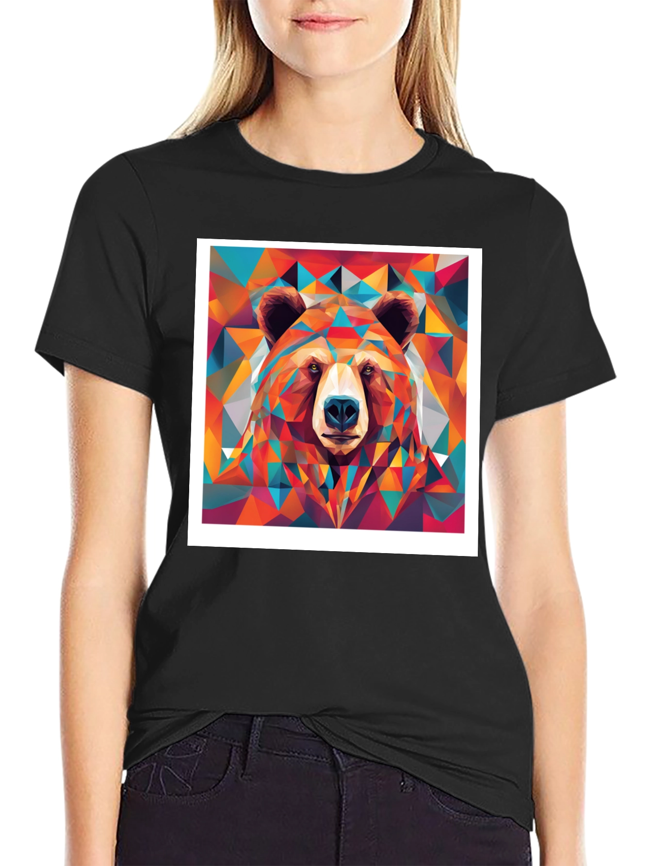 Geometric Bear Graphic Tee - Black