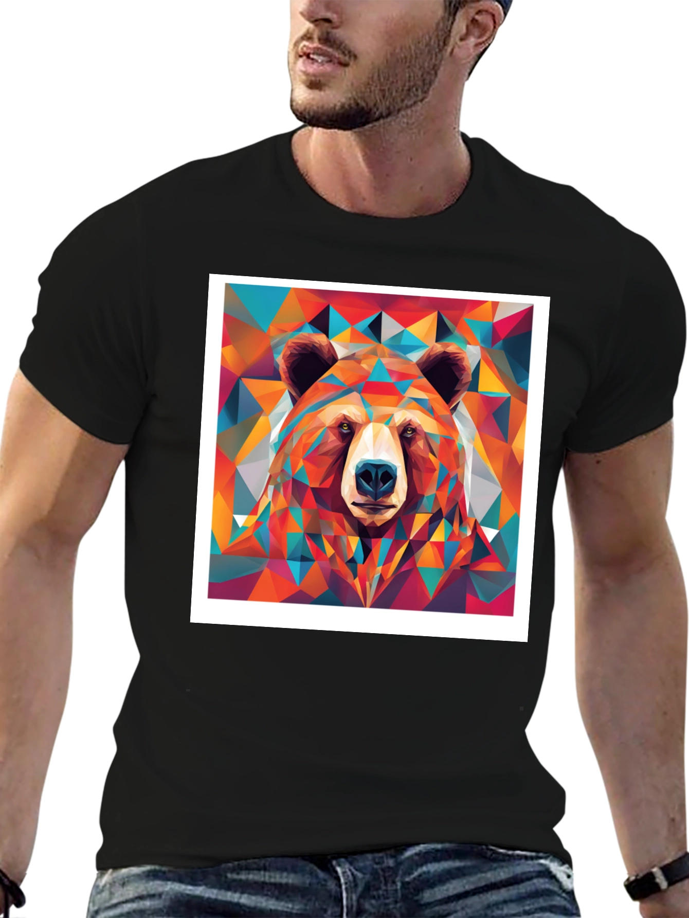 Geometric Bear Graphic Tee - Black