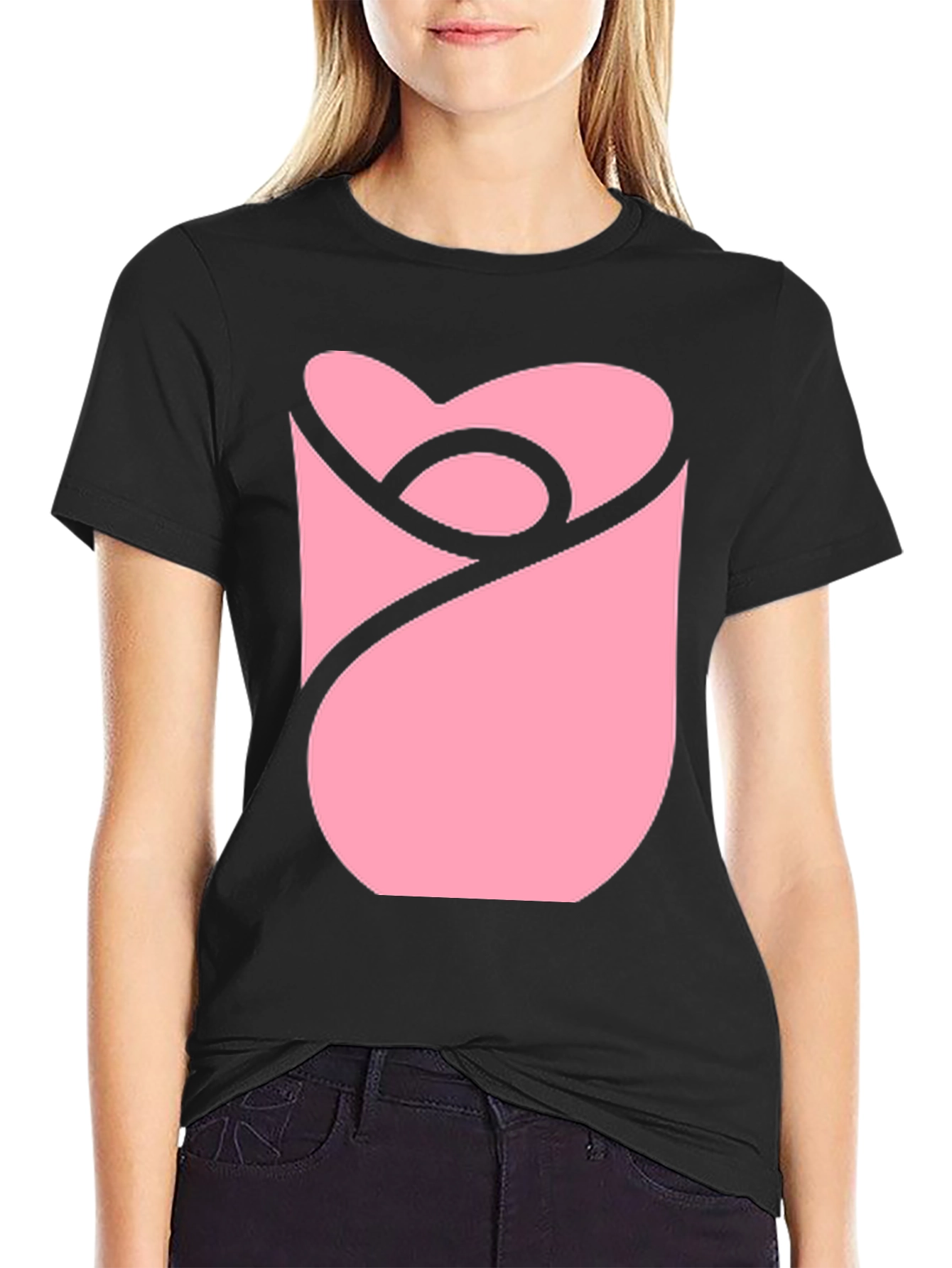 Modern Pink Rose Graphic Black T-Shirt