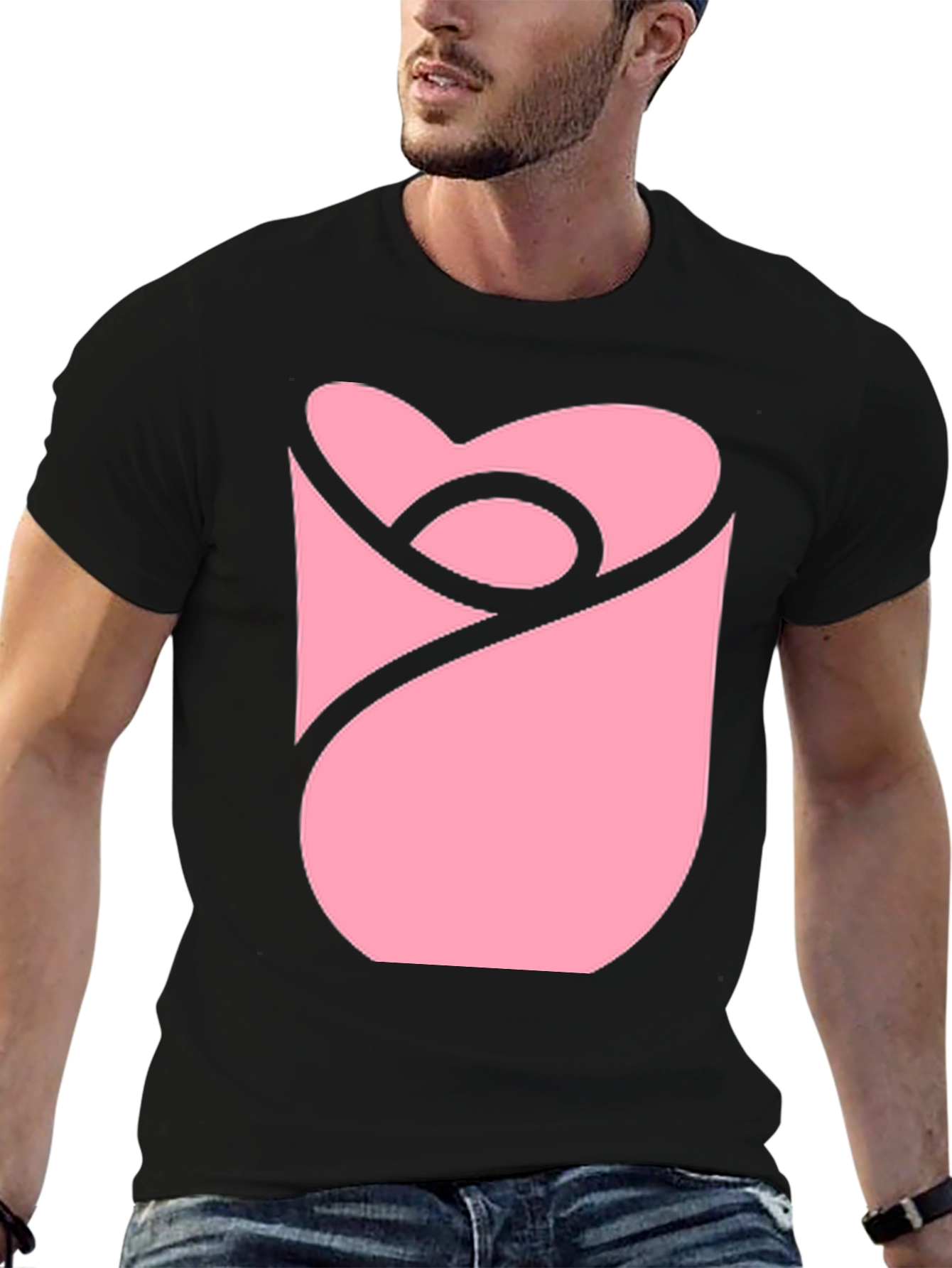 Modern Pink Rose Graphic Black T-Shirt