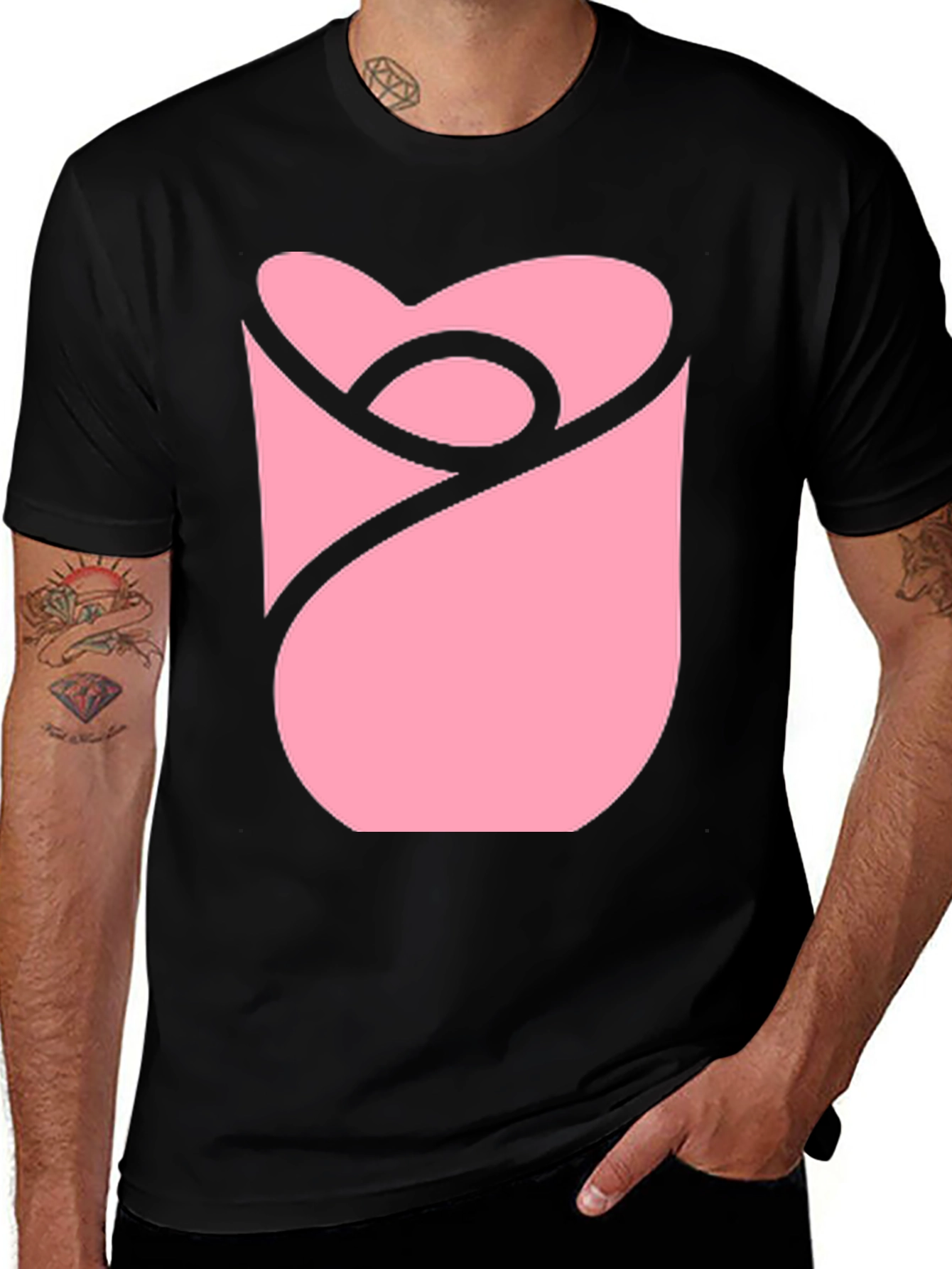 Modern Pink Rose Graphic Black T-Shirt