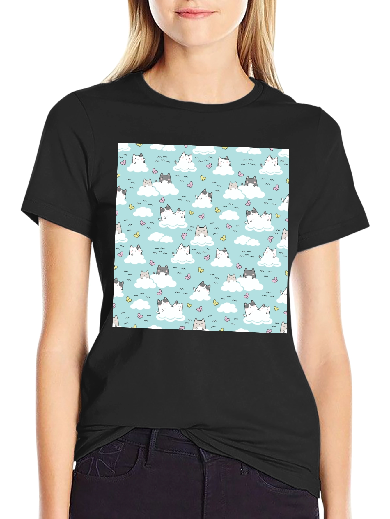 Cute Cats On Cloud Pattern T-Shirt