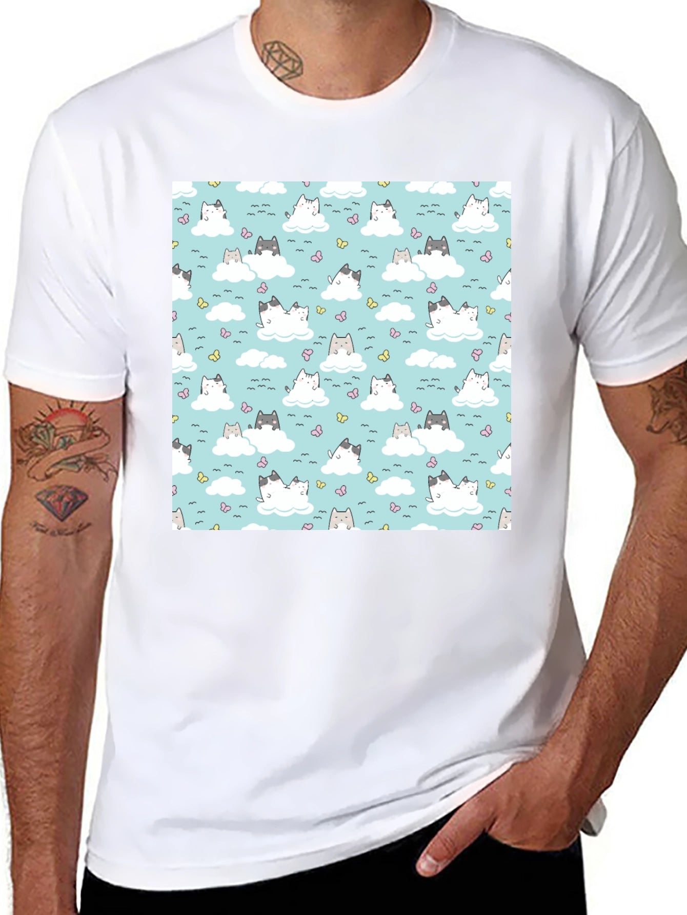Cute Cats On Cloud Pattern T-Shirt
