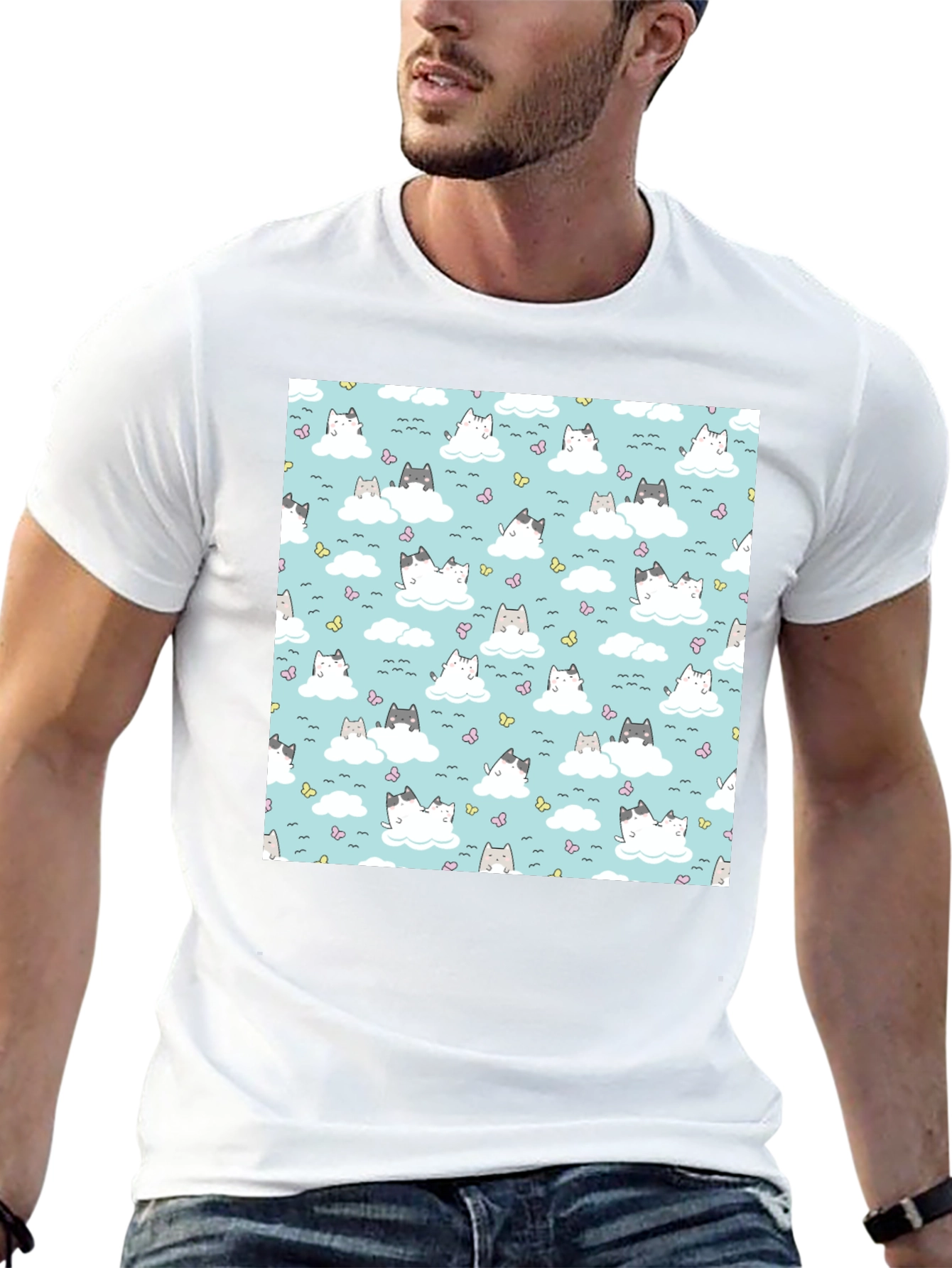 Cute Cats On Cloud Pattern T-Shirt