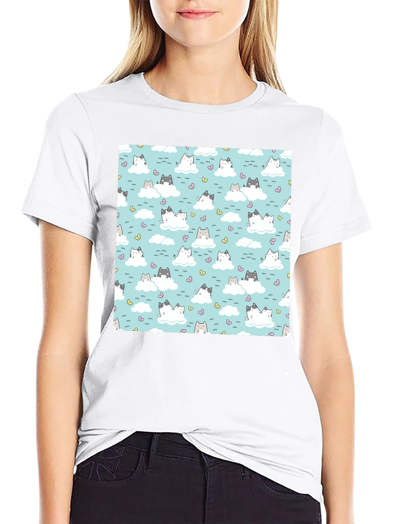 Cute Cats On Cloud Pattern T-Shirt