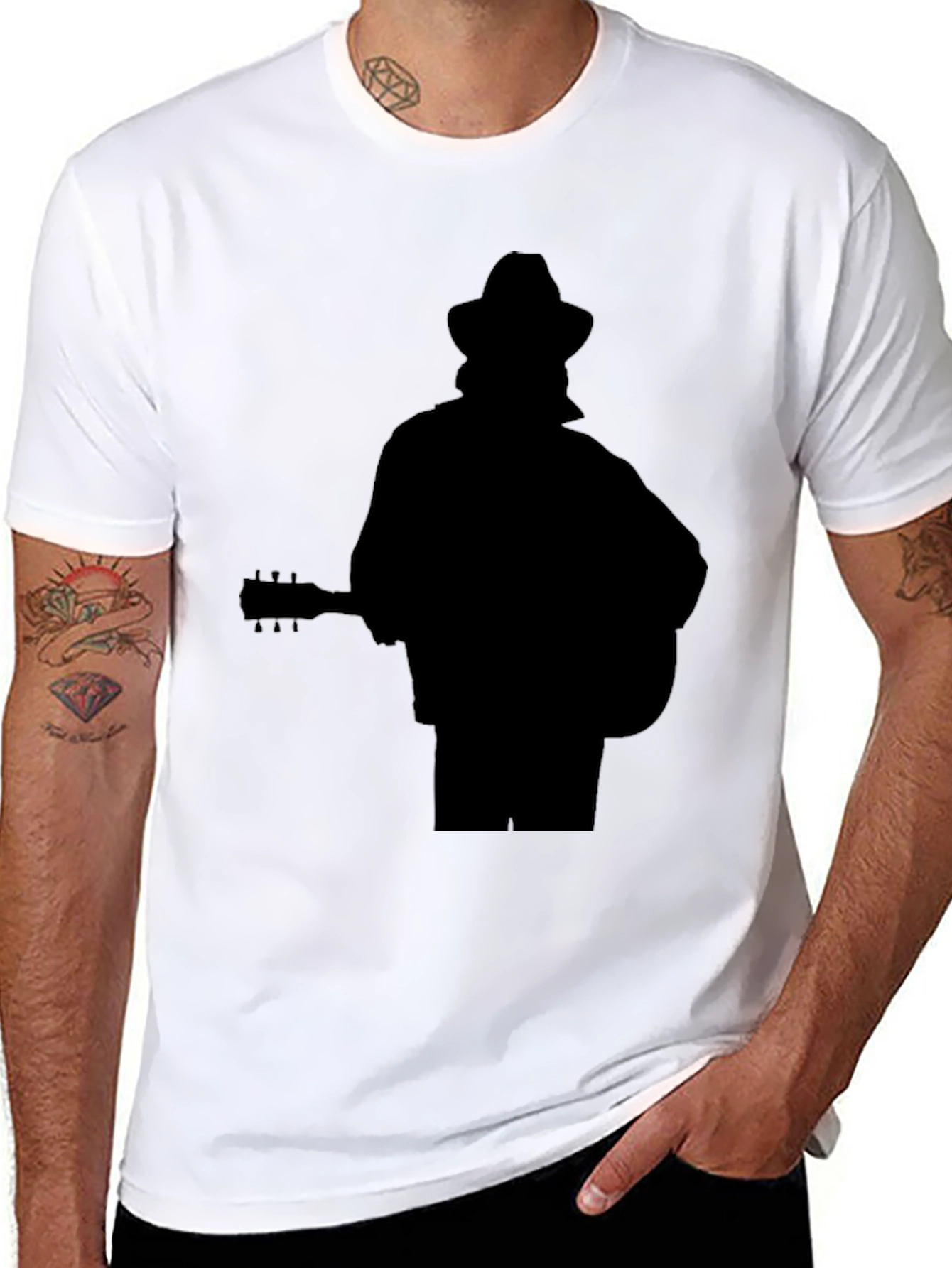 Musician Silhouette Graphic Tee - Black Cotton Casual Shirt