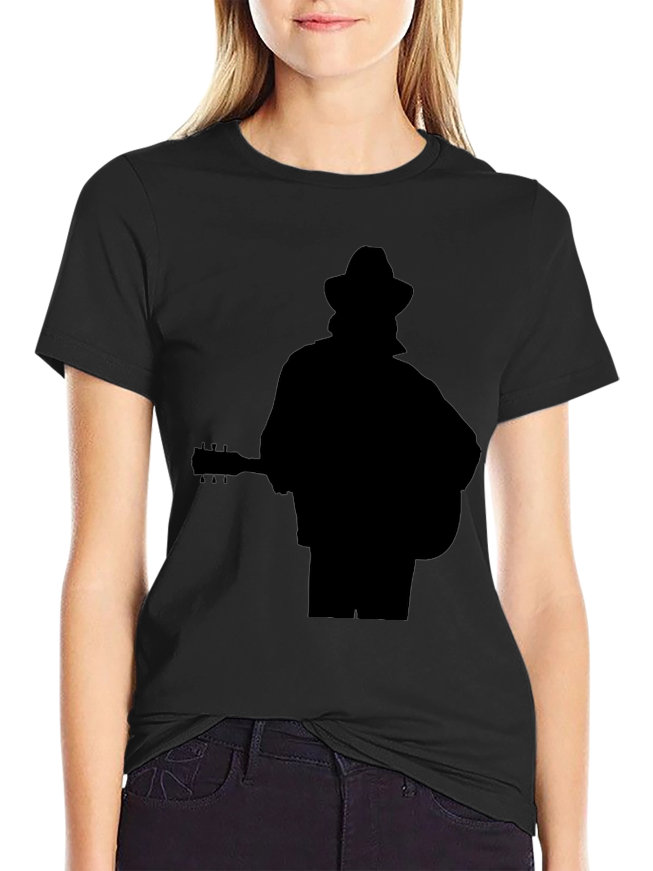 Musician Silhouette Graphic Tee - Black Cotton Casual Shirt