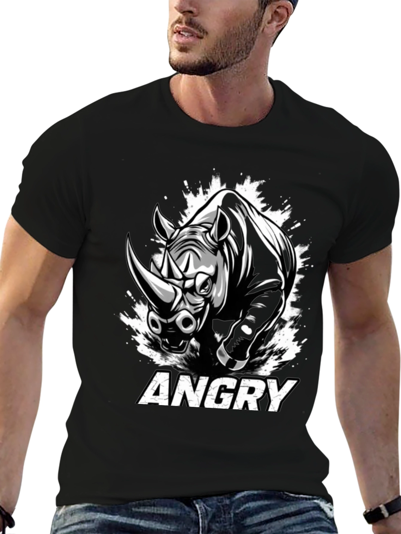 Angry Rhino Graphic Tee - Mens Black Cotton T-Shirt