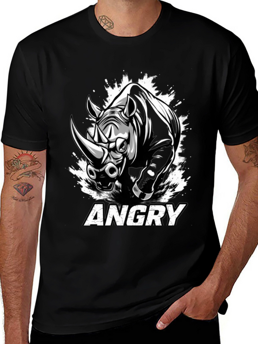 Angry Rhino Graphic Tee - Mens Black Cotton T-Shirt