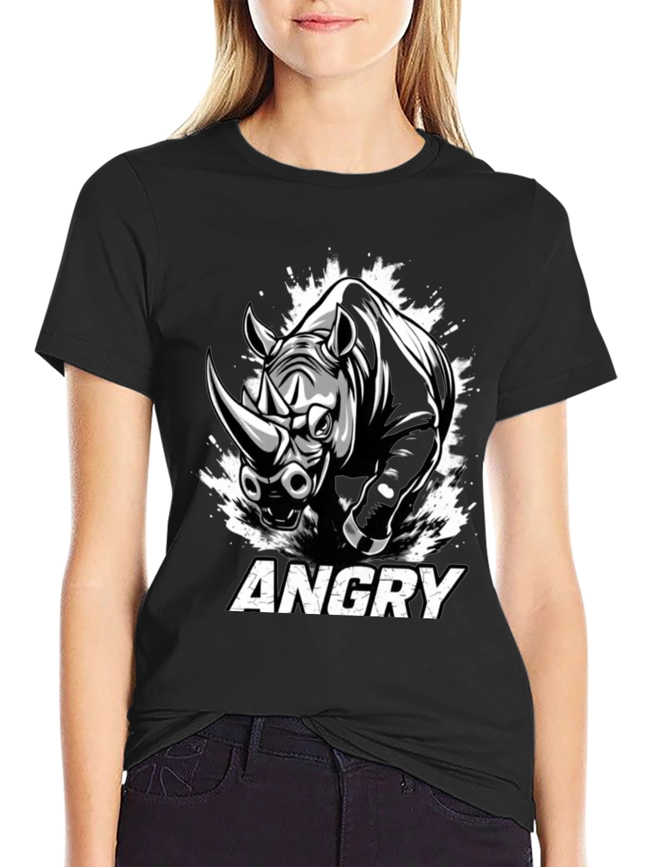 Angry Rhino Graphic Tee - Mens Black Cotton T-Shirt