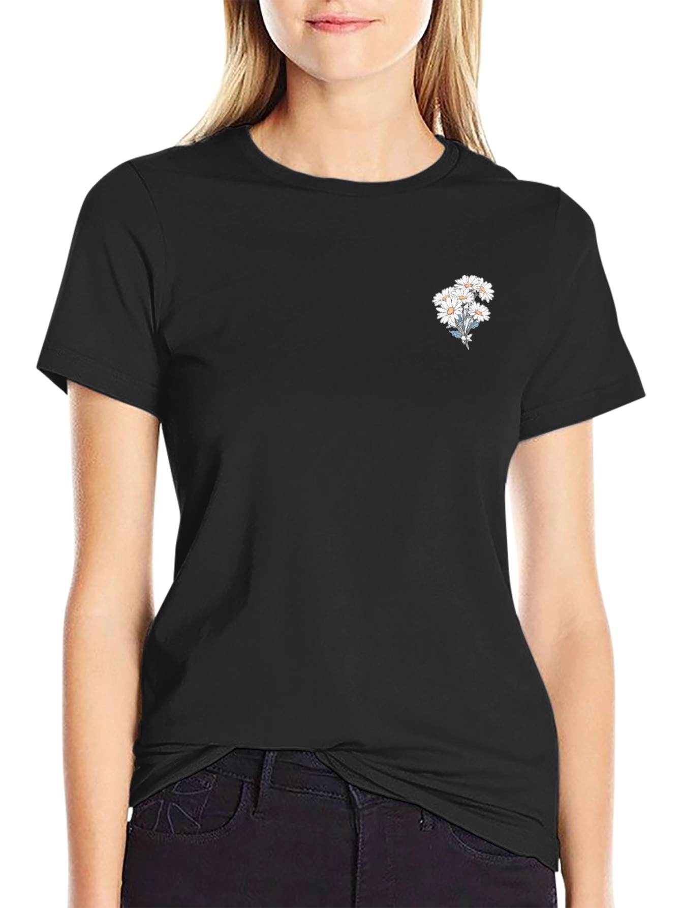 Black T-Shirt with Daisy Bouquet Design