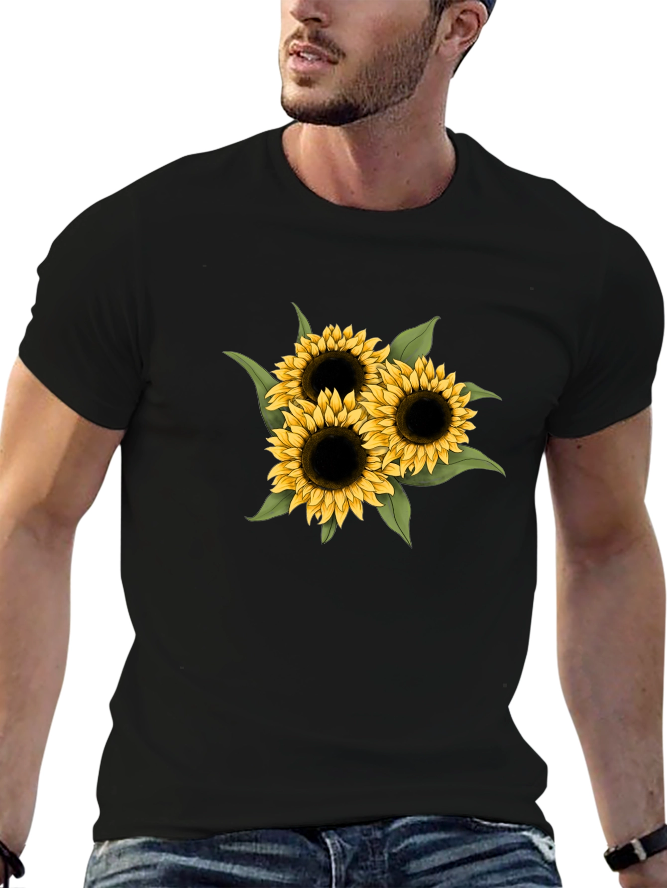 Sunflower Graphic Tee - Black Cotton Casual T-Shirt