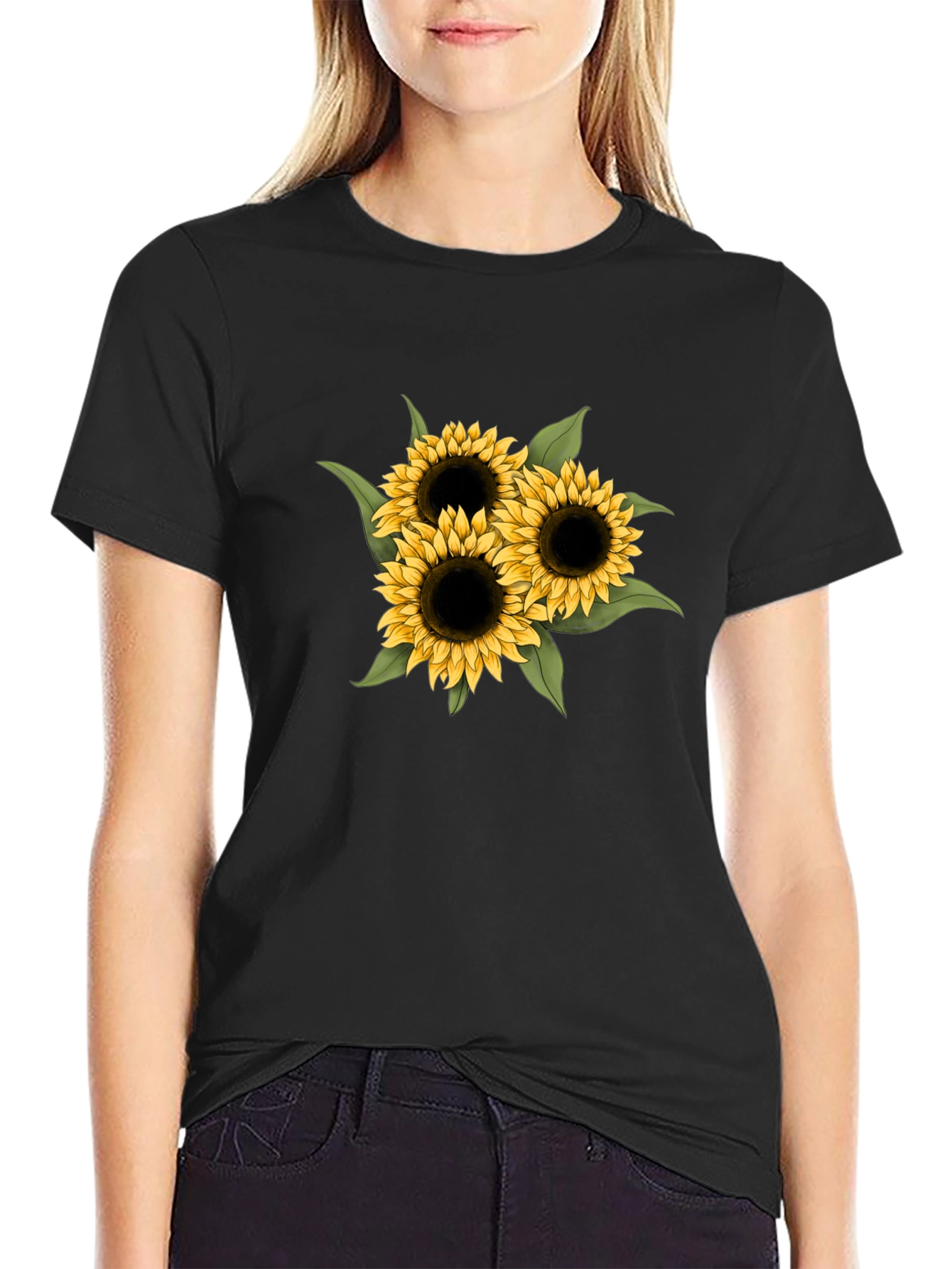 Sunflower Graphic Tee - Black Cotton Casual T-Shirt