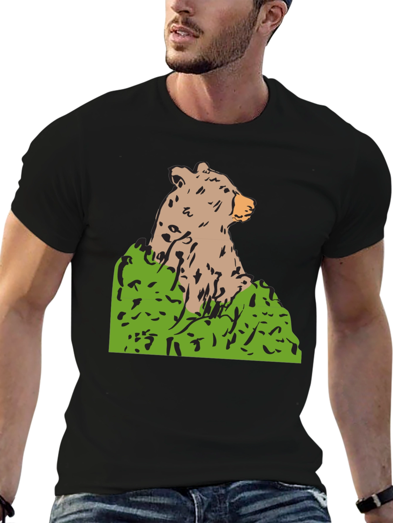 Bear Graphic Print Black T-Shirt