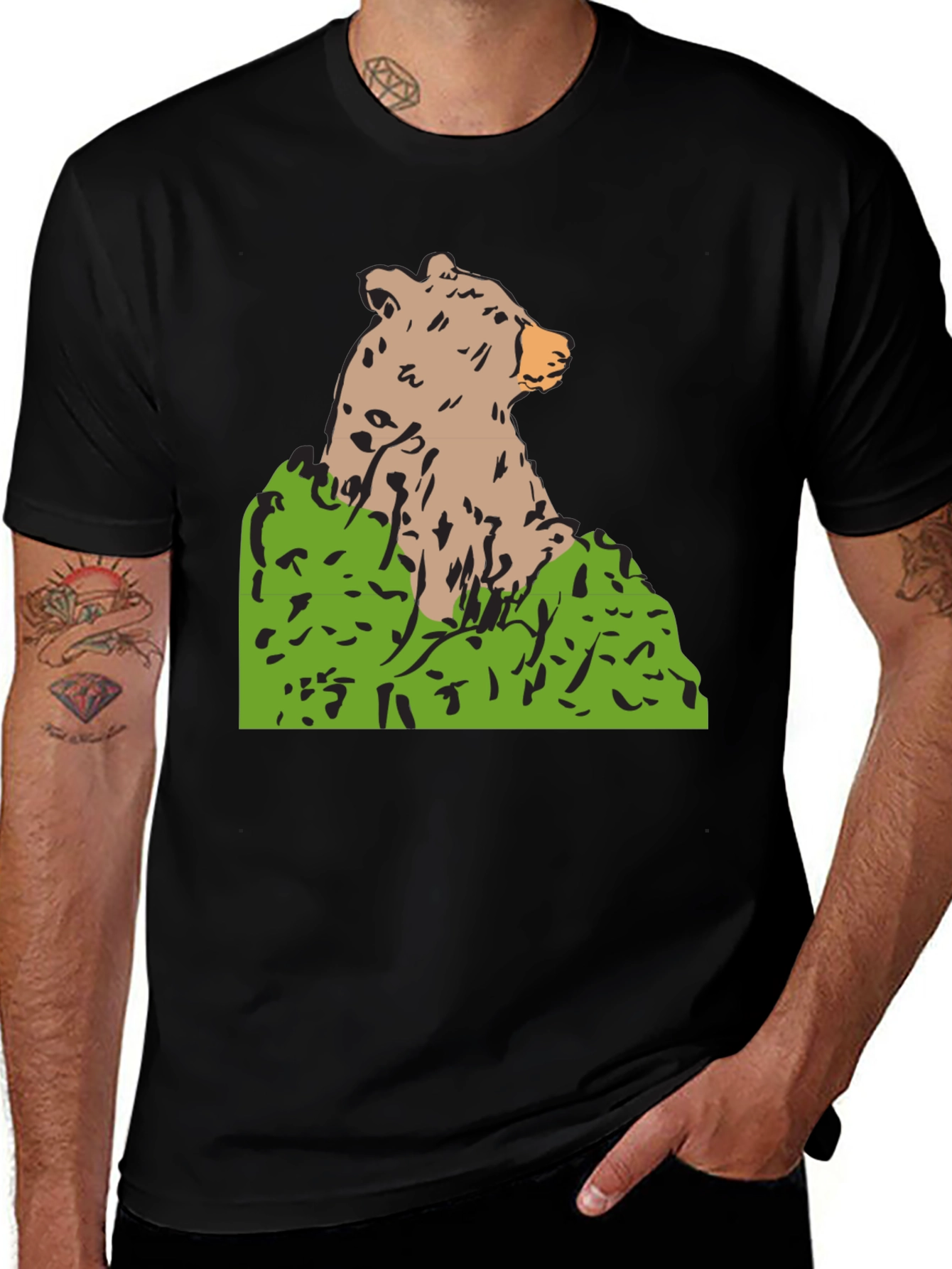 Bear Graphic Print Black T-Shirt