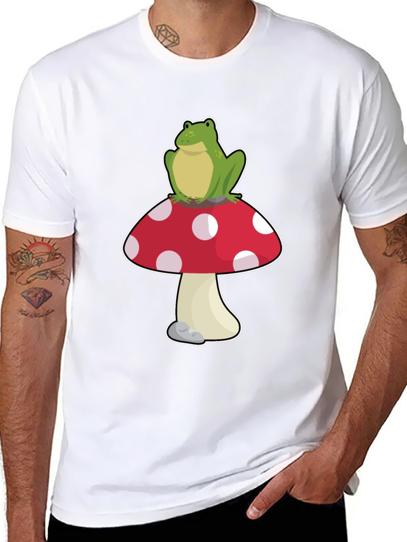 Frog on Mushroom T-Shirt - Black Cotton Tee
