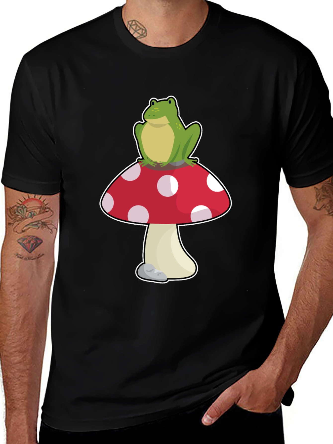 Frog on Mushroom T-Shirt - Black Cotton Tee