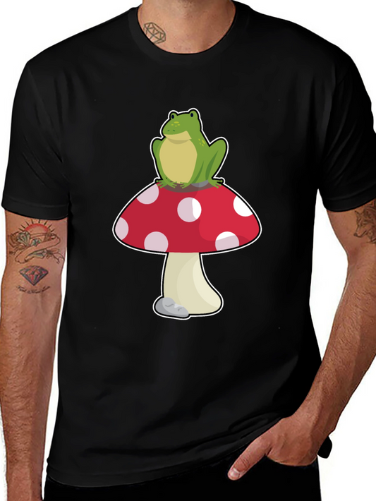 Frog on Mushroom T-Shirt - Black Cotton Tee