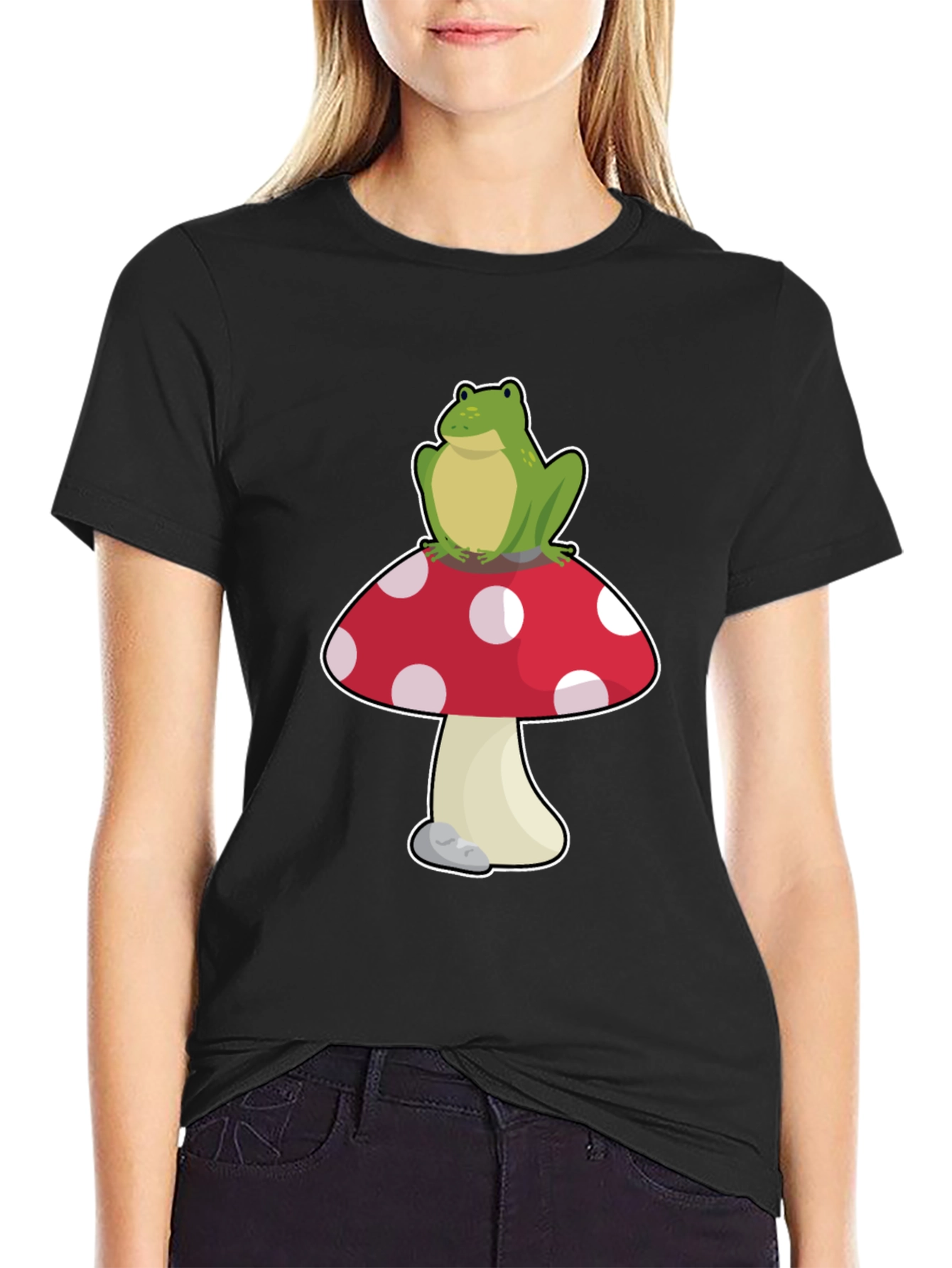 Frog on Mushroom T-Shirt - Black Cotton Tee