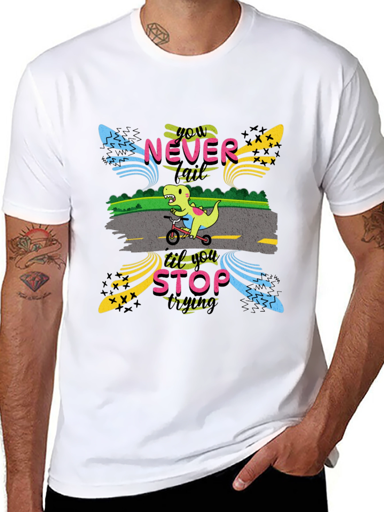 Never Stop Trying T-Shirt: Dino on Bike