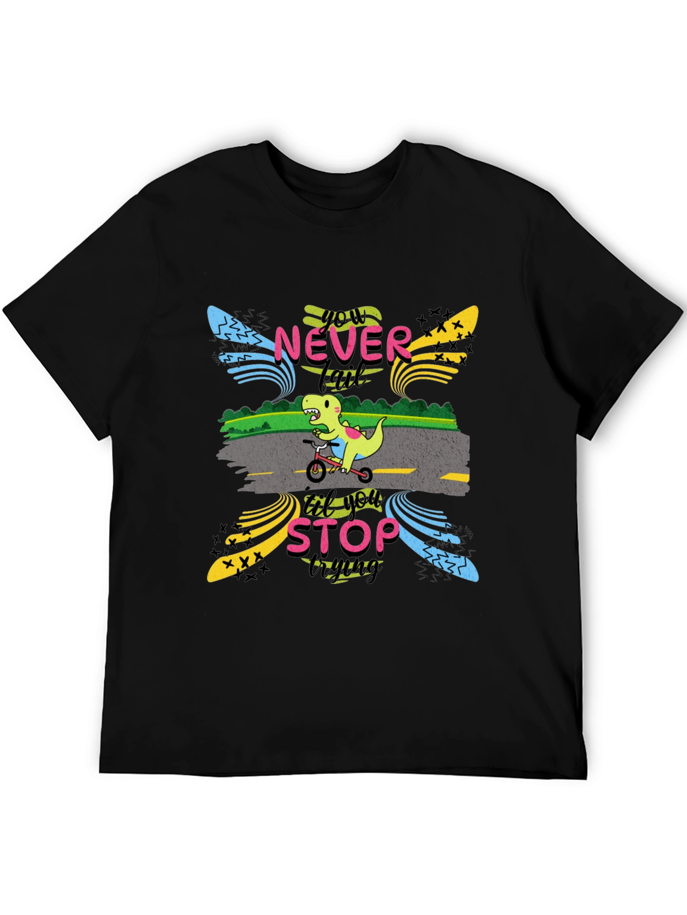 Never Stop Trying T-Shirt: Dino on Bike