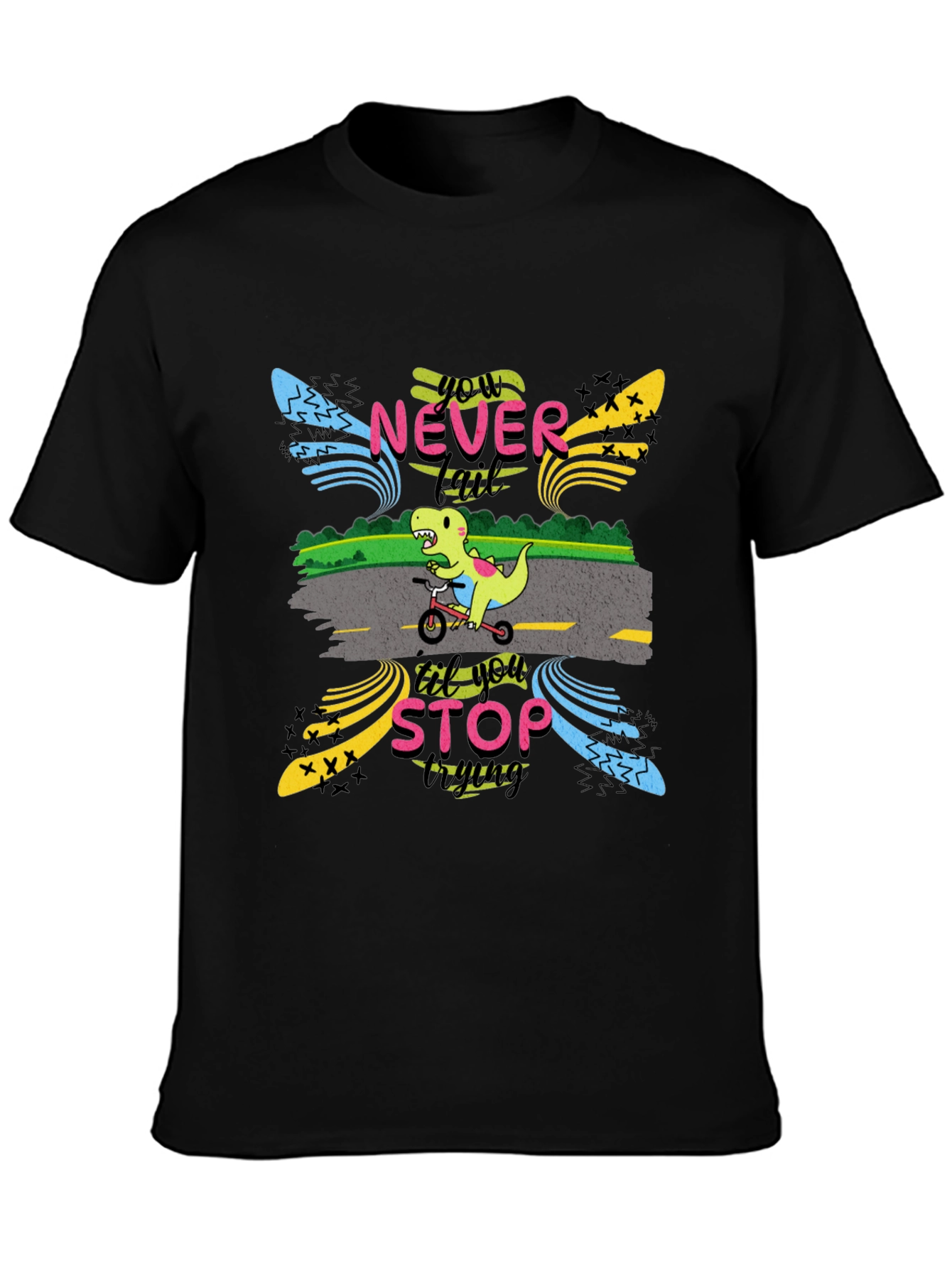 Never Stop Trying T-Shirt: Dino on Bike
