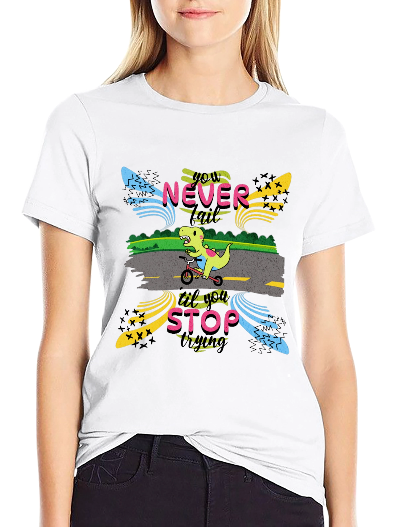 Never Stop Trying T-Shirt: Dino on Bike