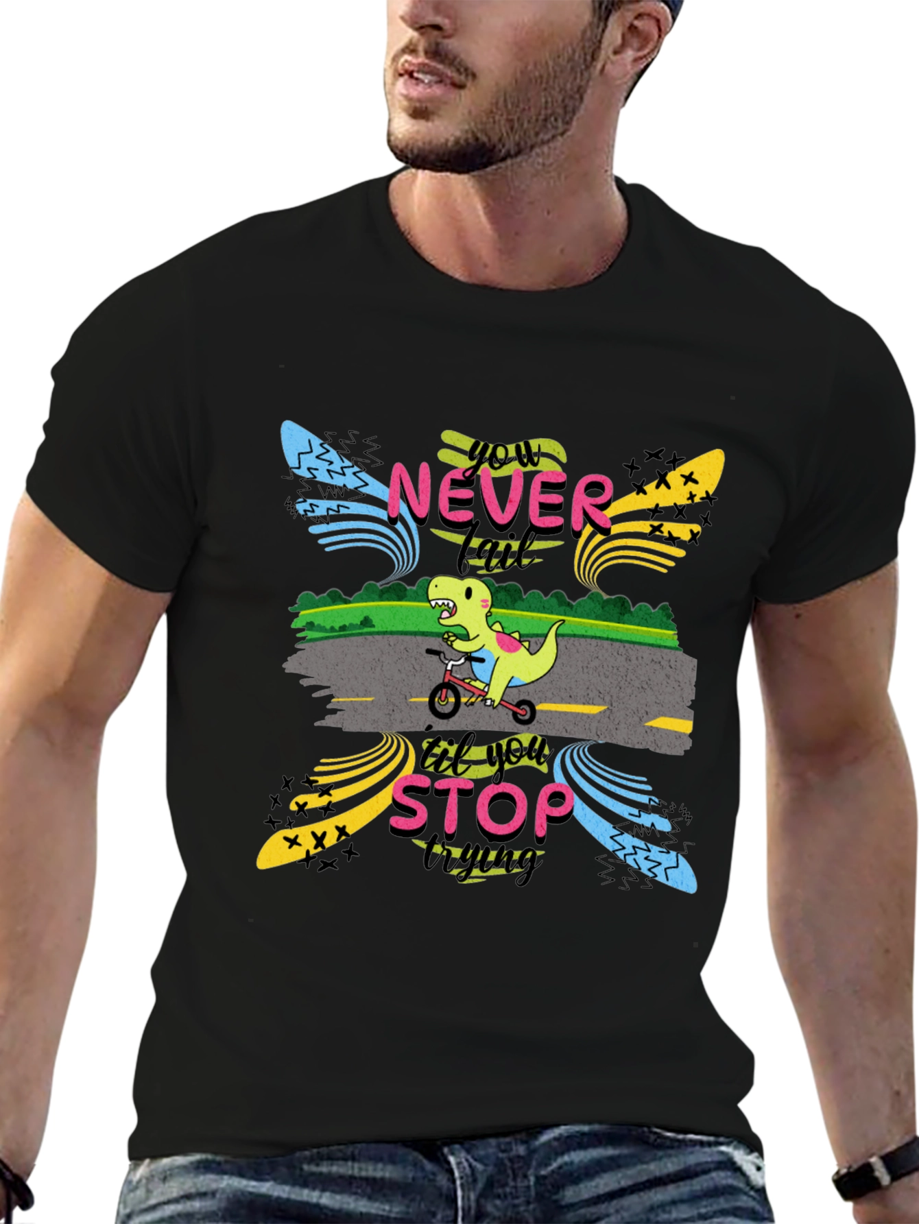 Never Stop Trying T-Shirt: Dino on Bike