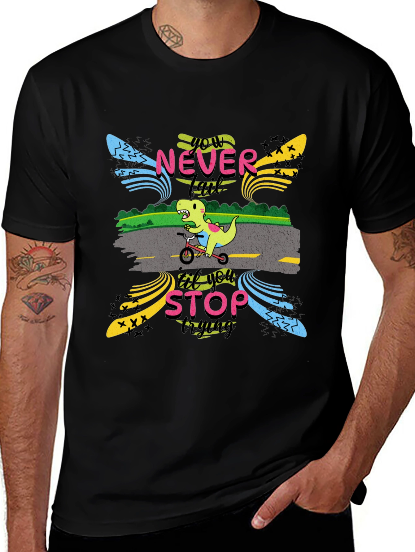 Never Stop Trying T-Shirt: Dino on Bike