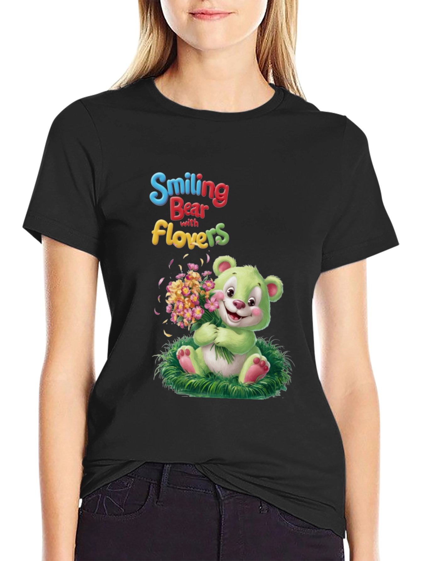 Smiling Bear with Flowers Graphic Tee