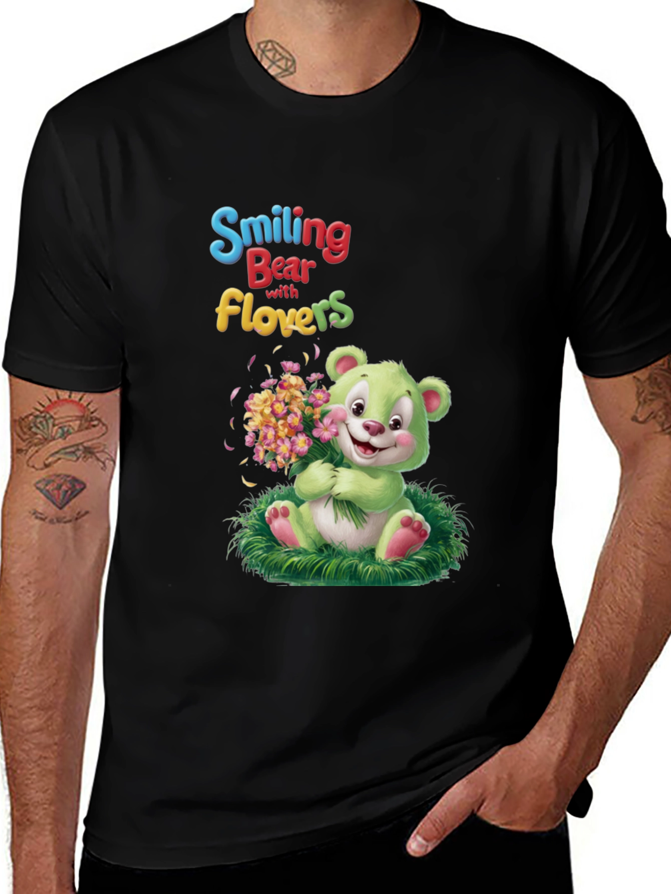 Smiling Bear with Flowers Graphic Tee
