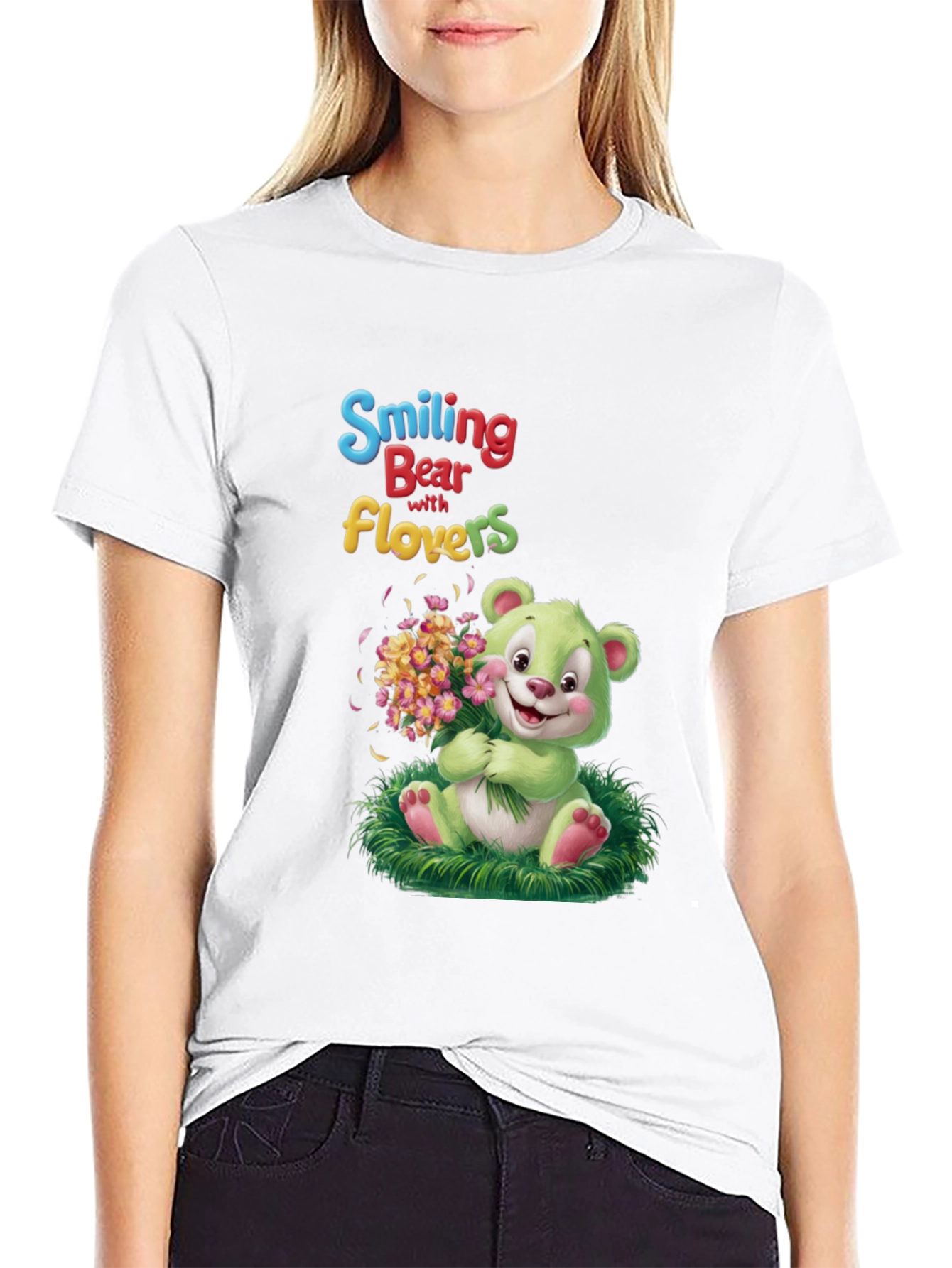 Smiling Bear with Flowers Graphic Tee