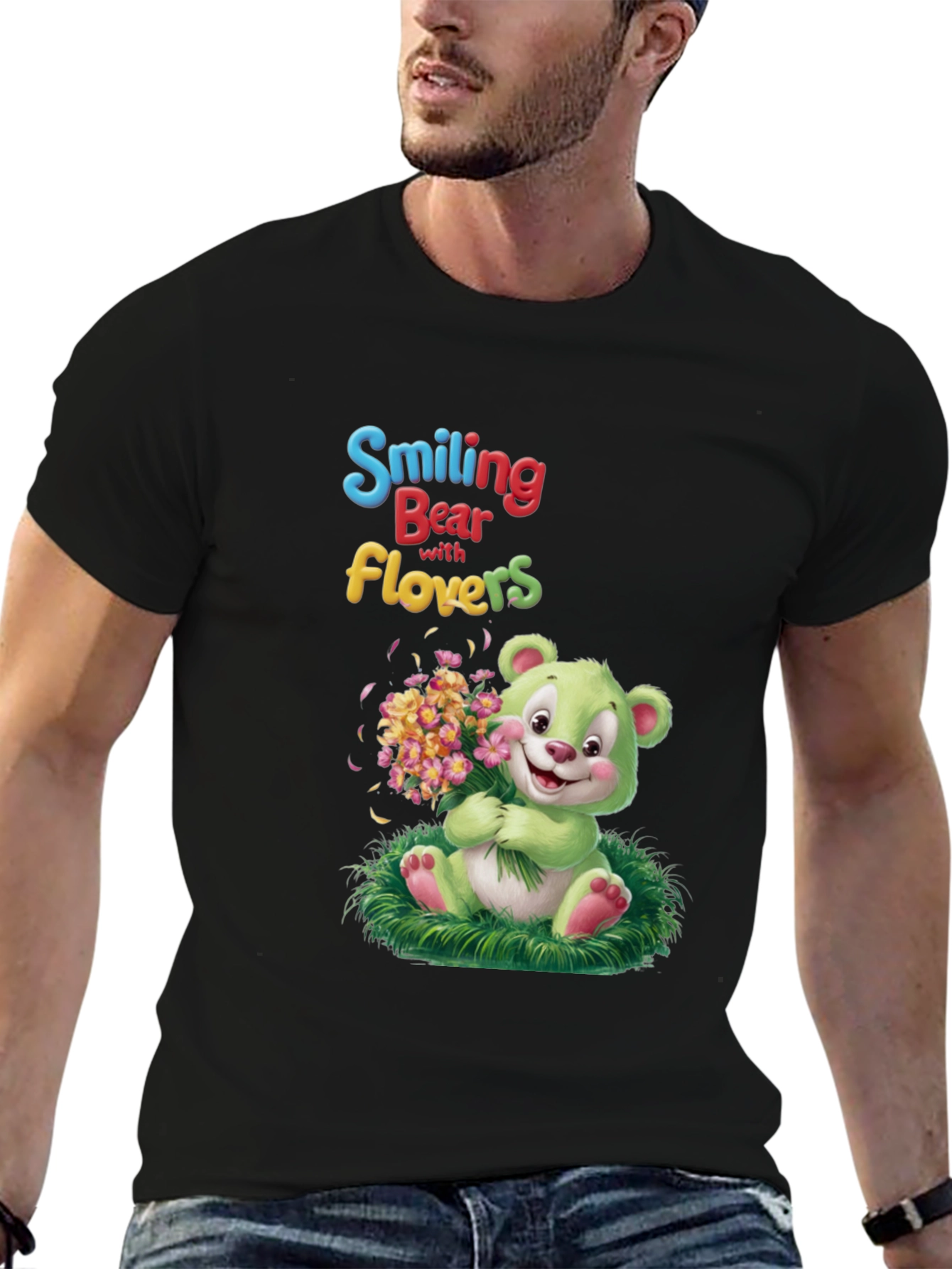 Smiling Bear with Flowers Graphic Tee