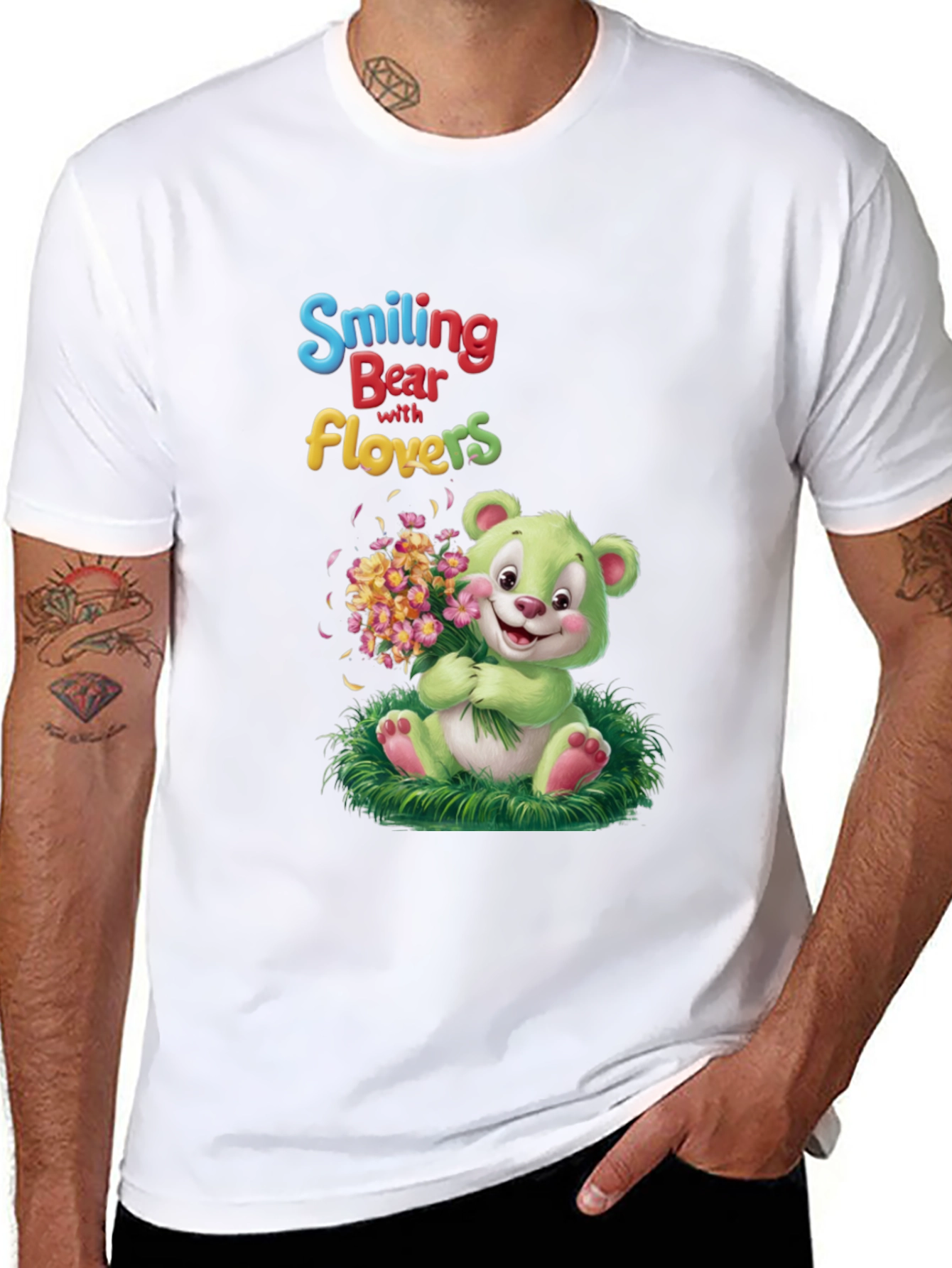 Smiling Bear with Flowers Graphic Tee