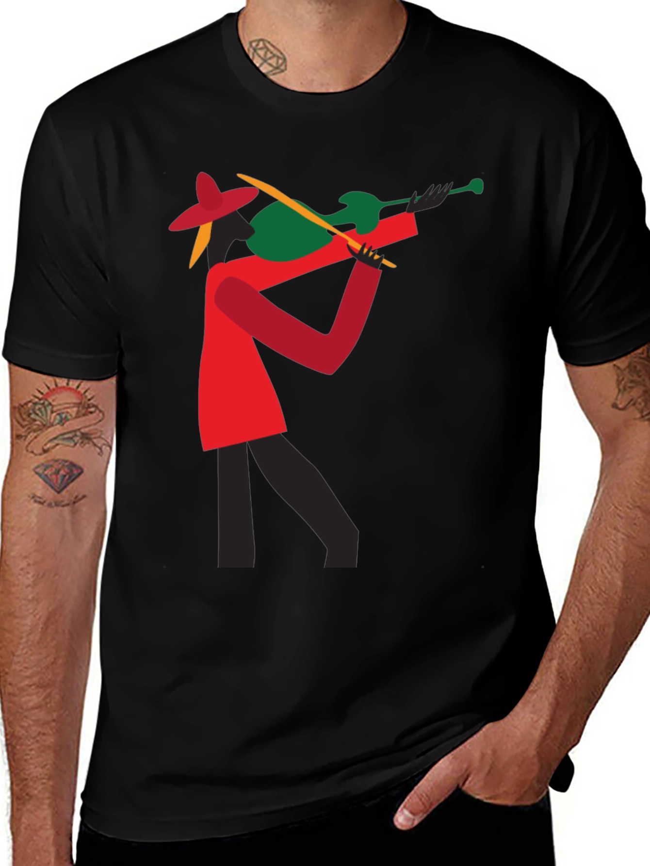 Abstract Violinist Graphic Tee - Cool Black T-Shirt