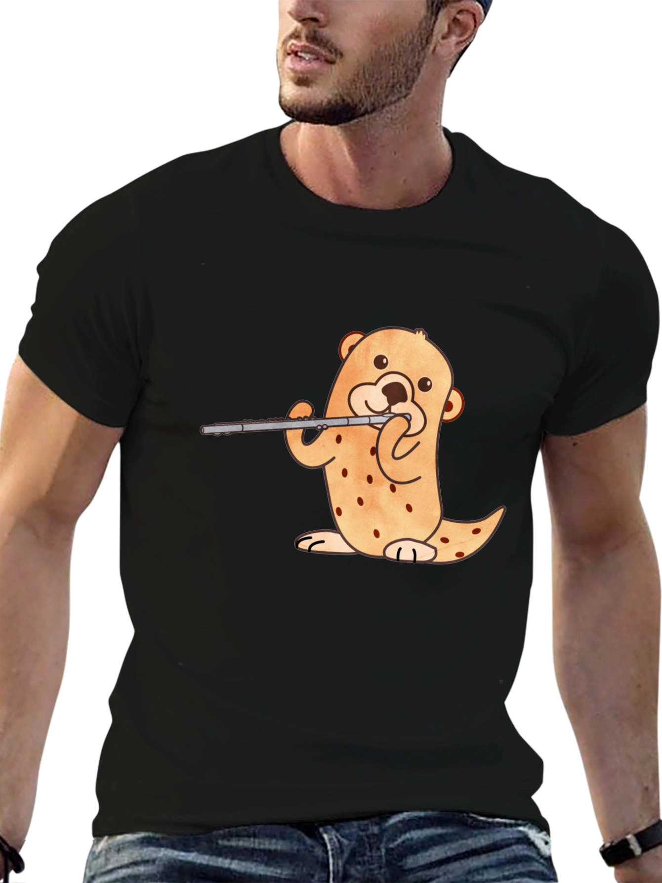 Otter Flute Player Black T-Shirt