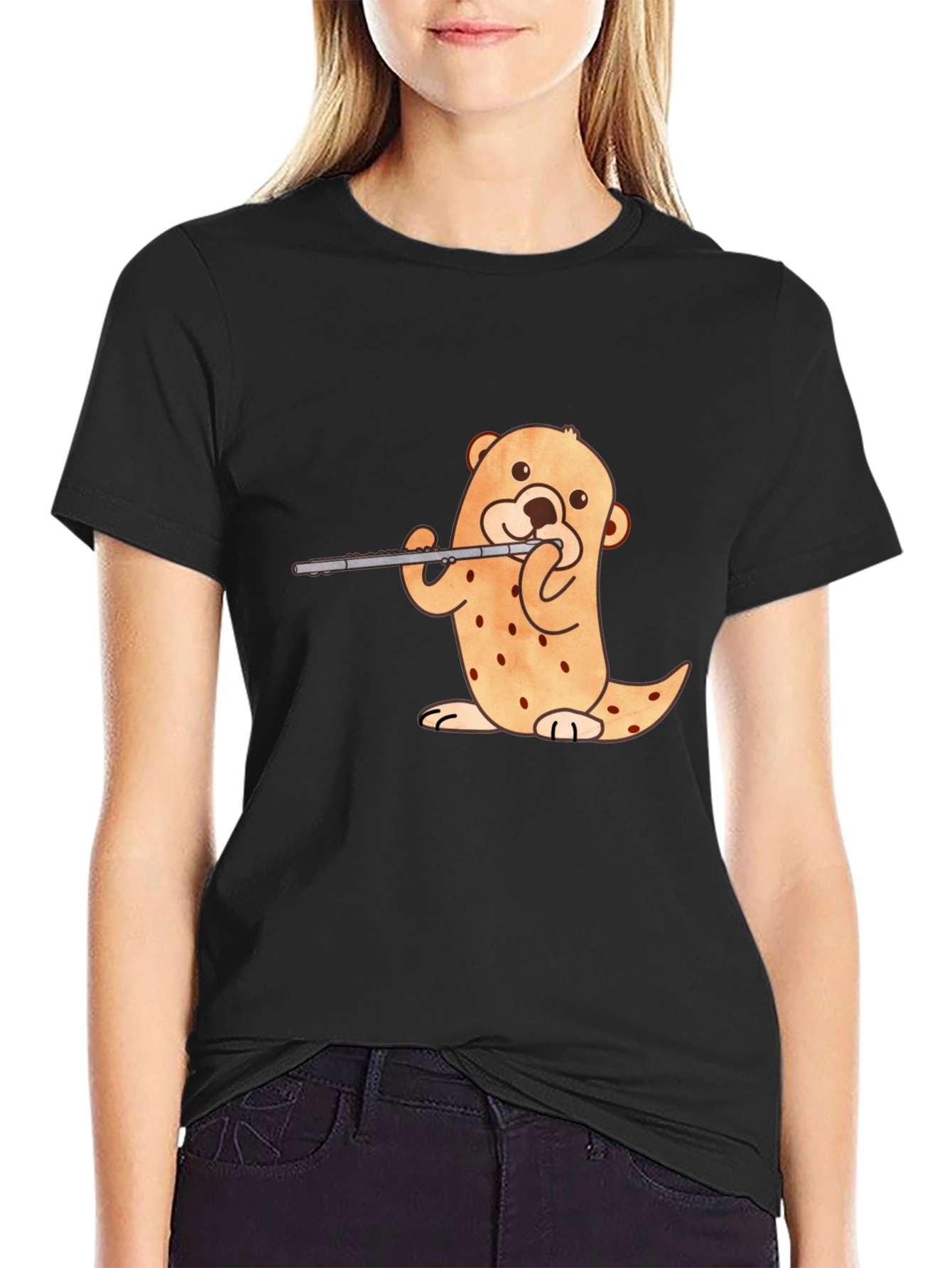 Otter Flute Player Black T-Shirt