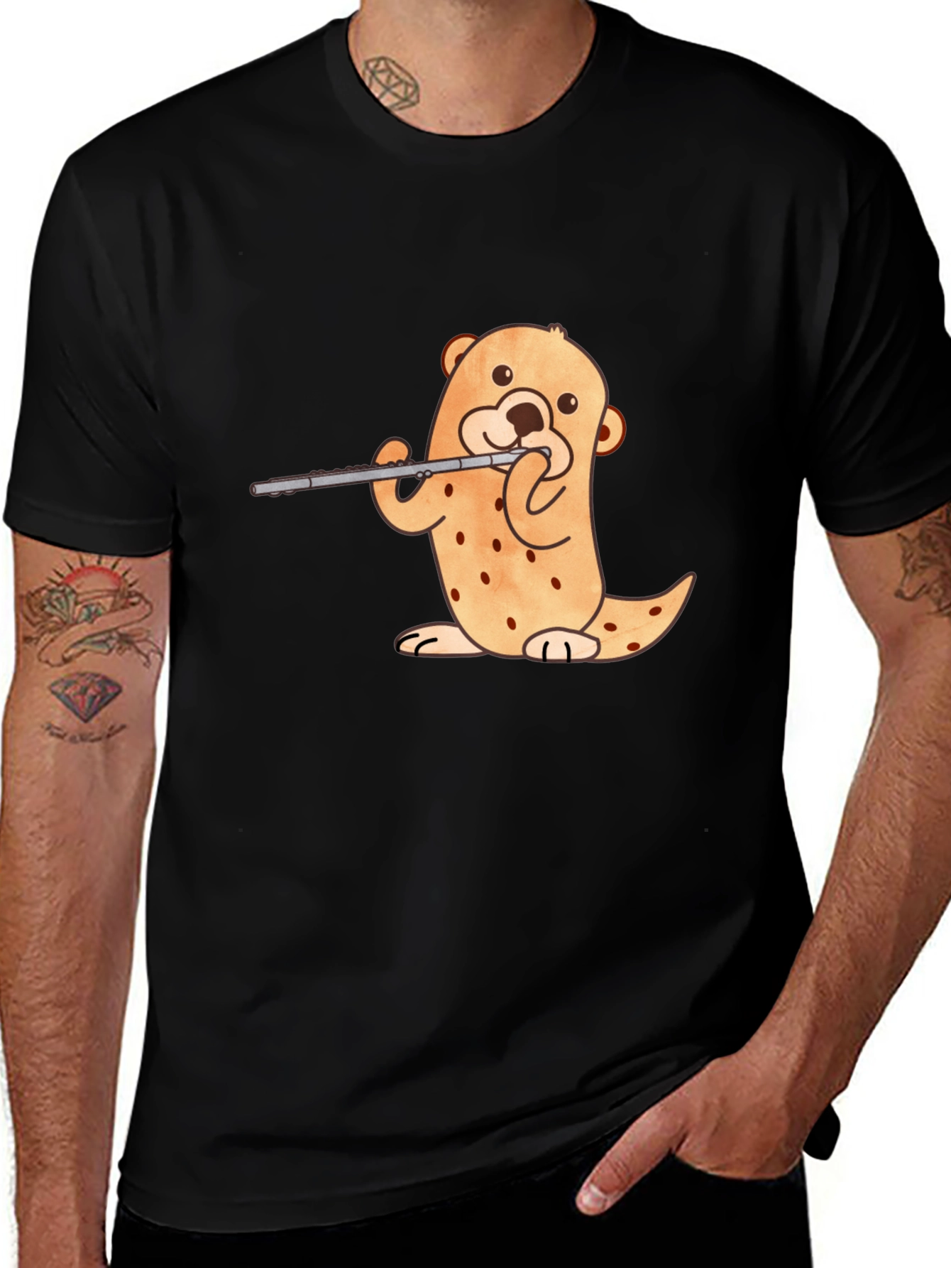 Otter Flute Player Black T-Shirt