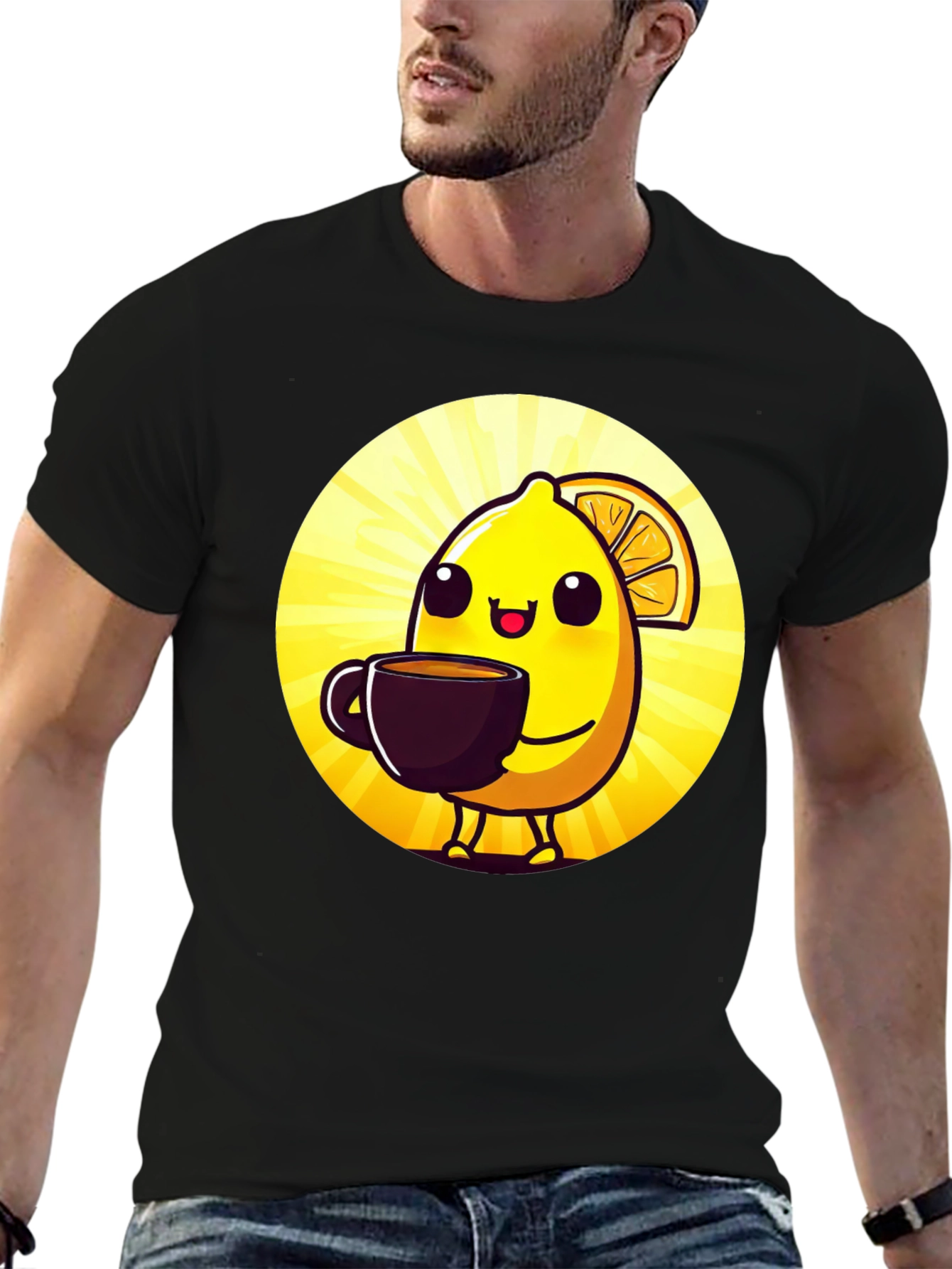 Cute Lemon Cartoon Graphic Black T-Shirt