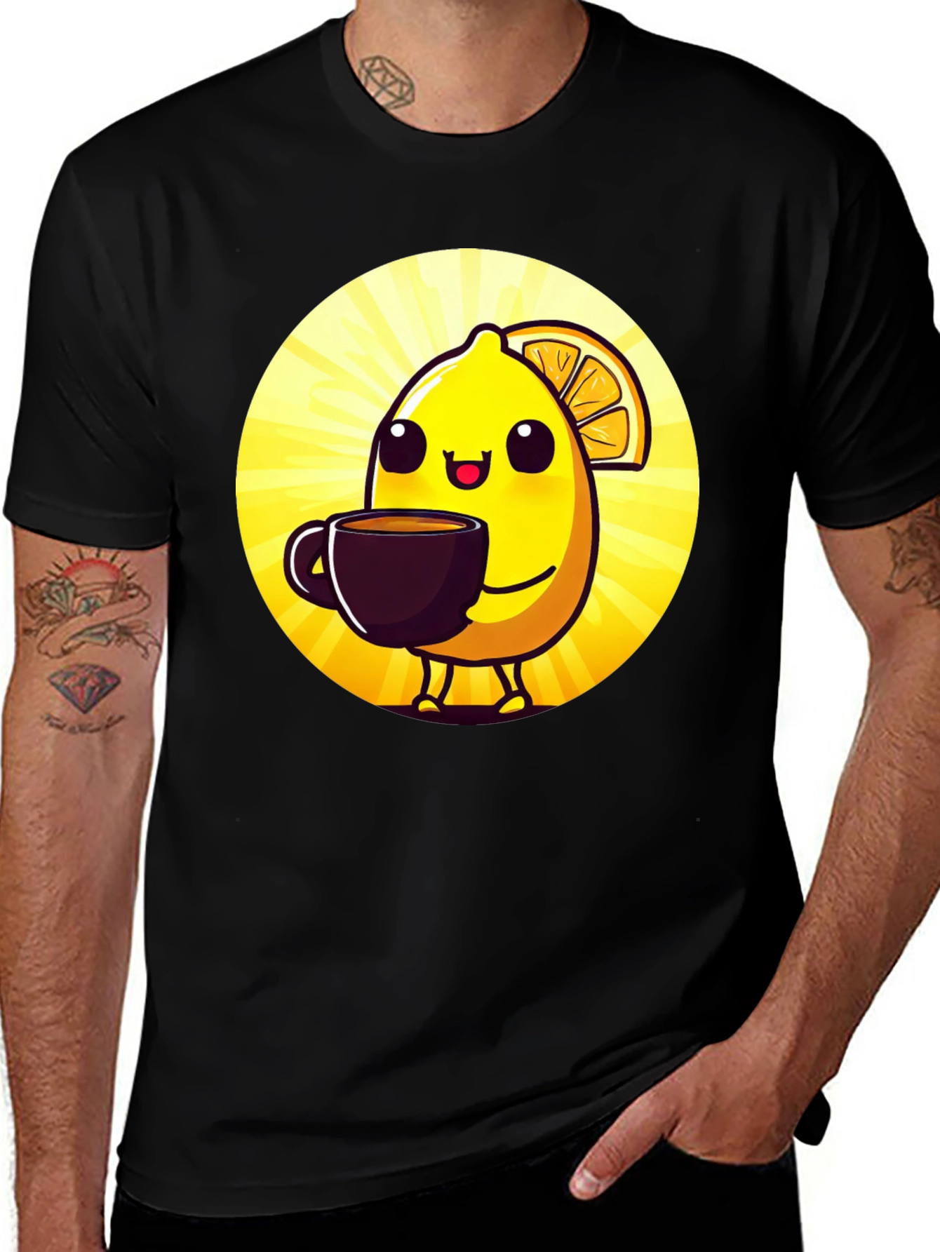 Cute Lemon Cartoon Graphic Black T-Shirt