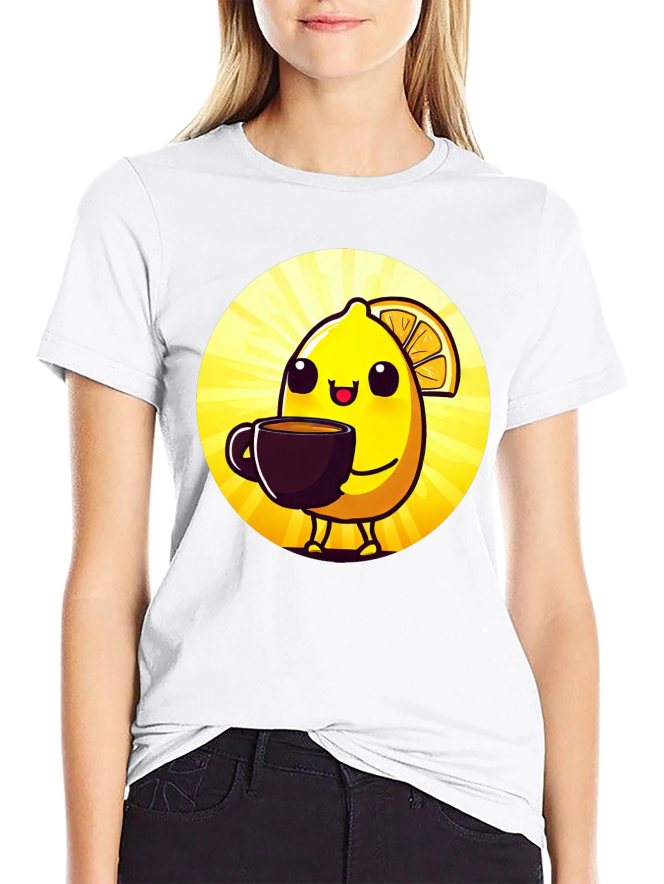 Cute Lemon Cartoon Graphic Black T-Shirt