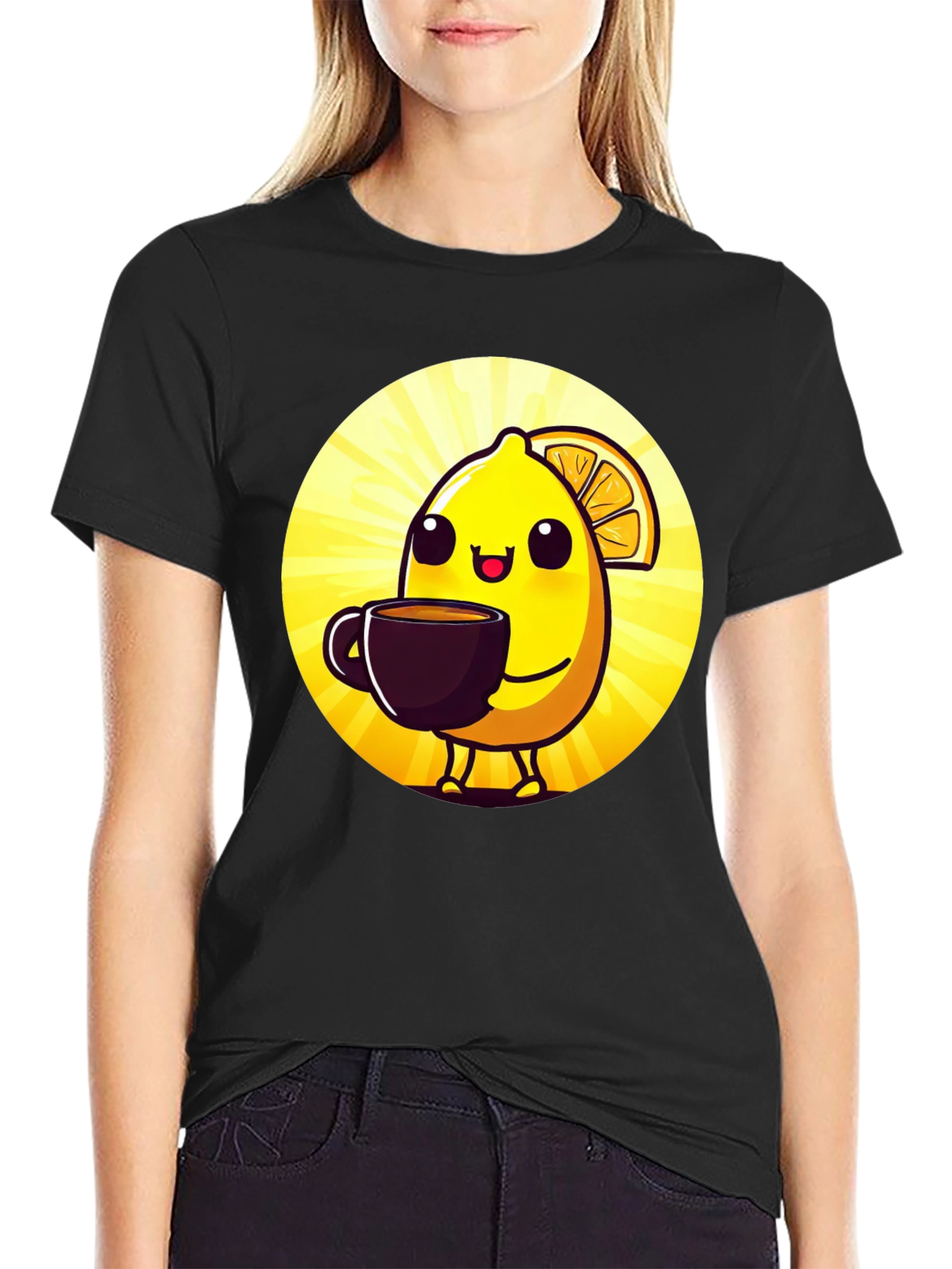 Cute Lemon Cartoon Graphic Black T-Shirt