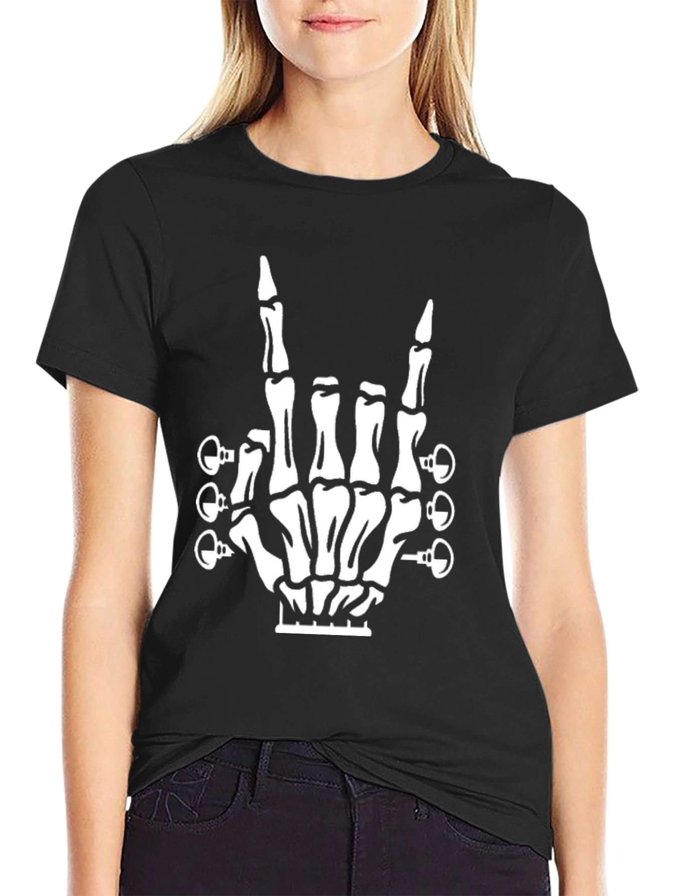 Rock On Guitar Skeleton Hand Black T-Shirt