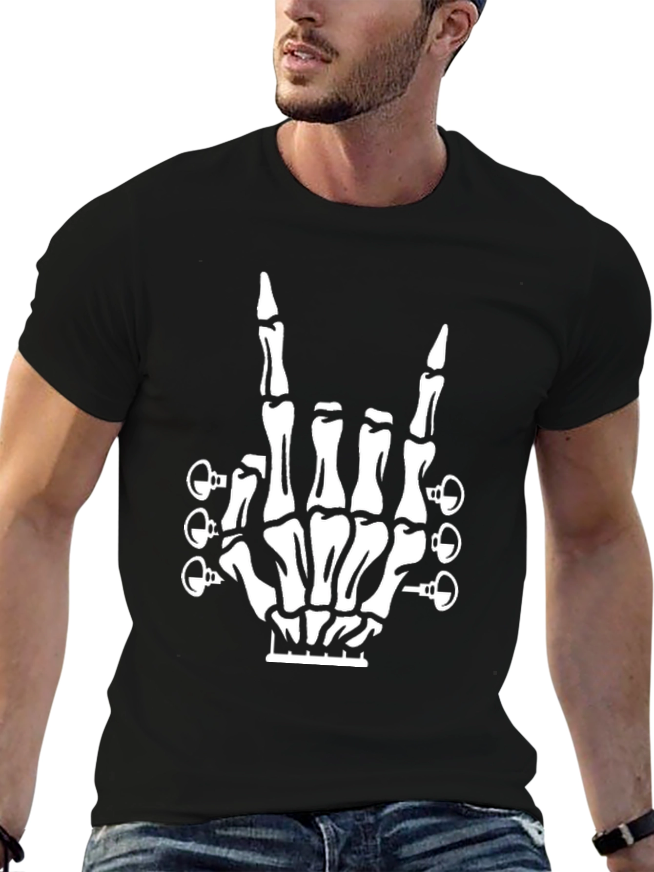 Rock On Guitar Skeleton Hand Black T-Shirt