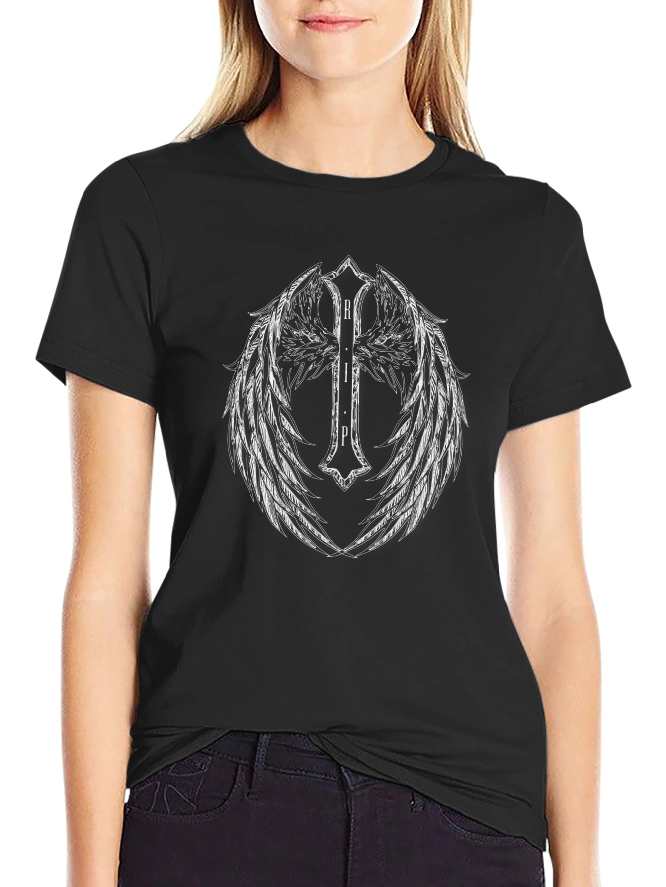 Winged RIP Cross Graphic Tee - Black